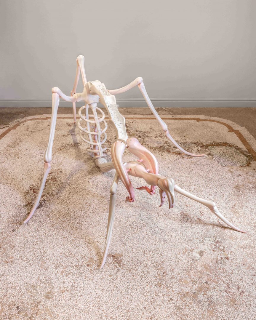 Liao Wen, Tears of Succubus, 2024. Hand-carved and painted limewood, stainless-steel, Metaplexis japonica seeds, 118 x 288 x 210 cm. Installation view of By Devouring It, I Learn about the World at Capsule Venice, 21 September – 15 December 2024. Courtesy of the Artist and Capsule. Photo by Andrea Rossetti.