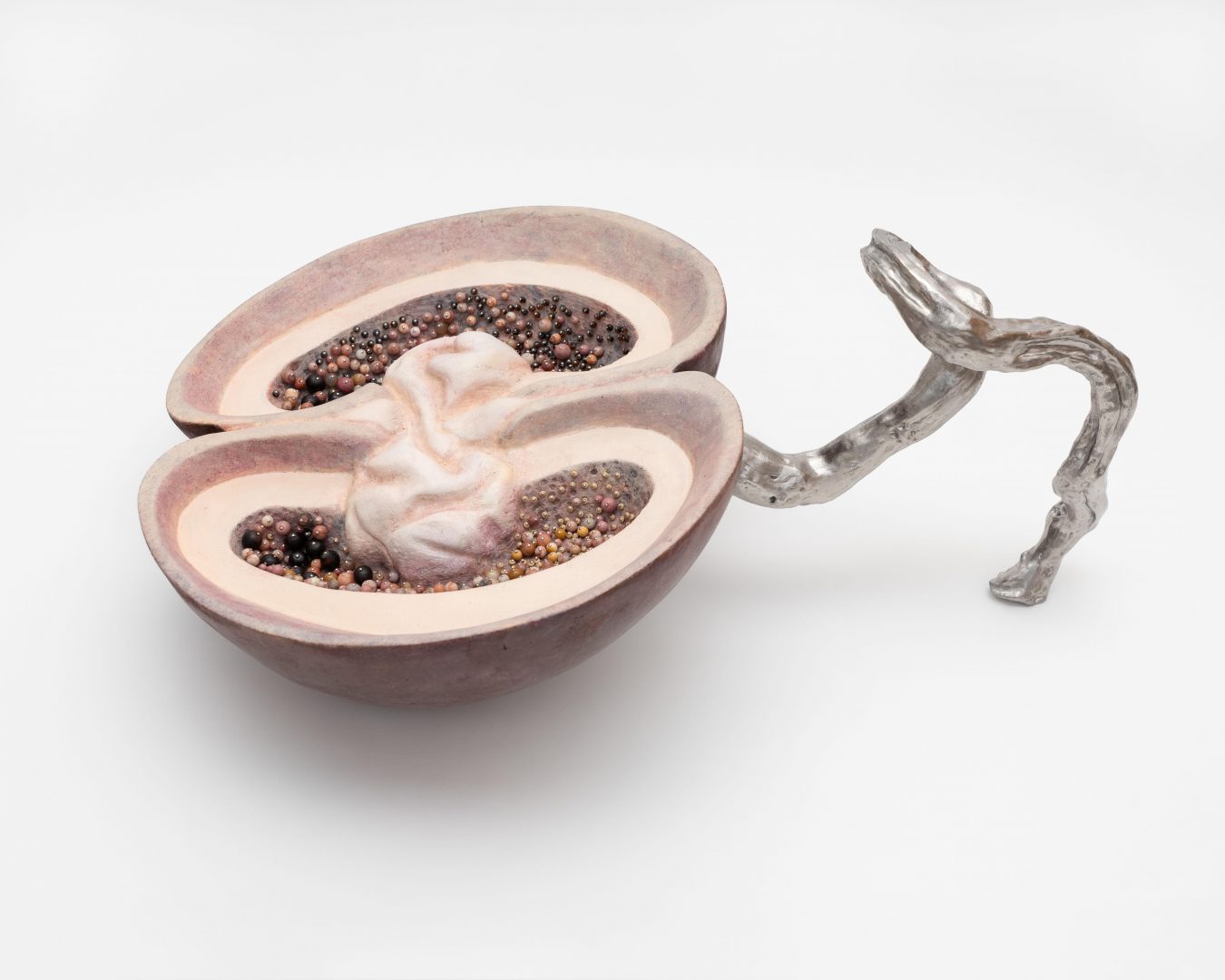 Liao Wen, Tender Residue #2, 2024. Hand-carved and painted limewood, 3D printed stainless steel, natural gemstone beads, glass beads, wood beads, 25 x 60 x 41 cm. Courtesy of the Artist. Photo by MC Zhang.