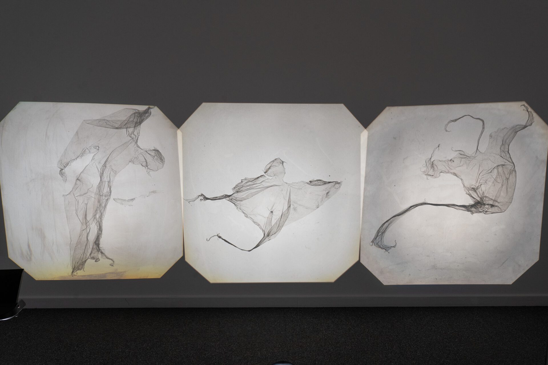 Exhibition view. Michele Bressan, Overhead Projections, 2019, plastic food wrap foil sculptures, overhead projectors. Photo credit: infi.ro