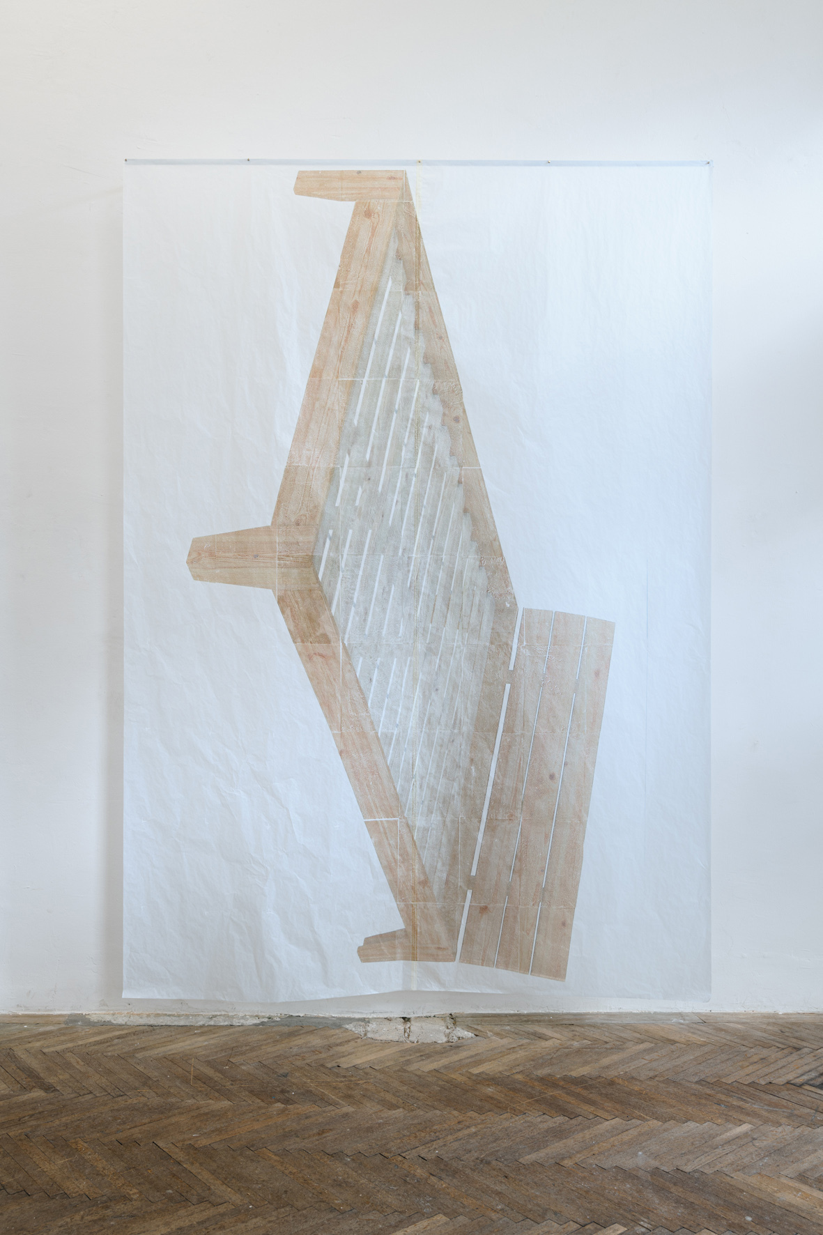 Sarah Lehnerer, Untitled (bed), 2020, frottage, ink on tissue paper, 240 x 180cm