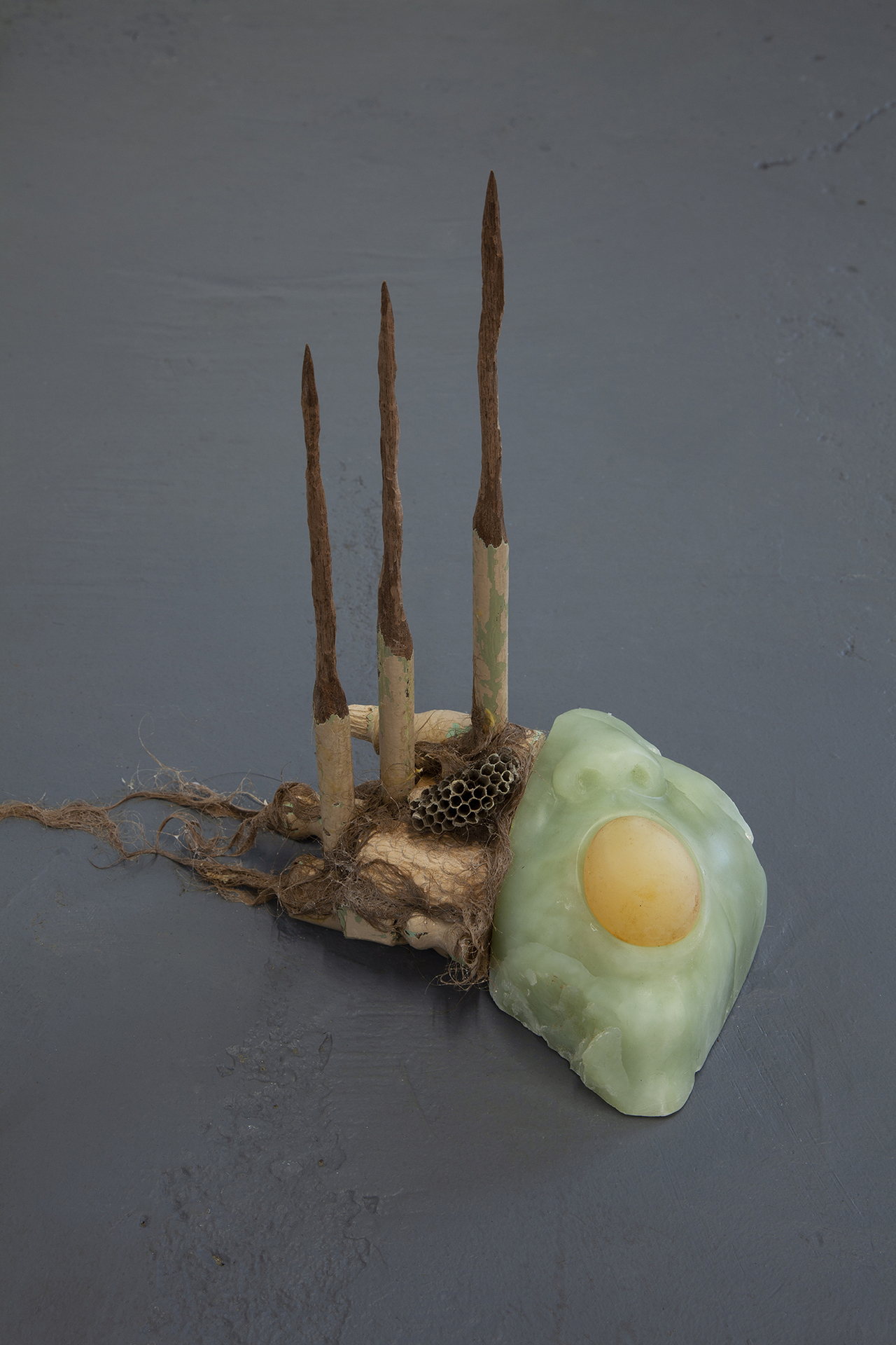 font V 2020 soapstone, horse hair, glue, abandoned wood, gifted honeycomb, raw egg, white vinegar 10 x 6 x 10 inches