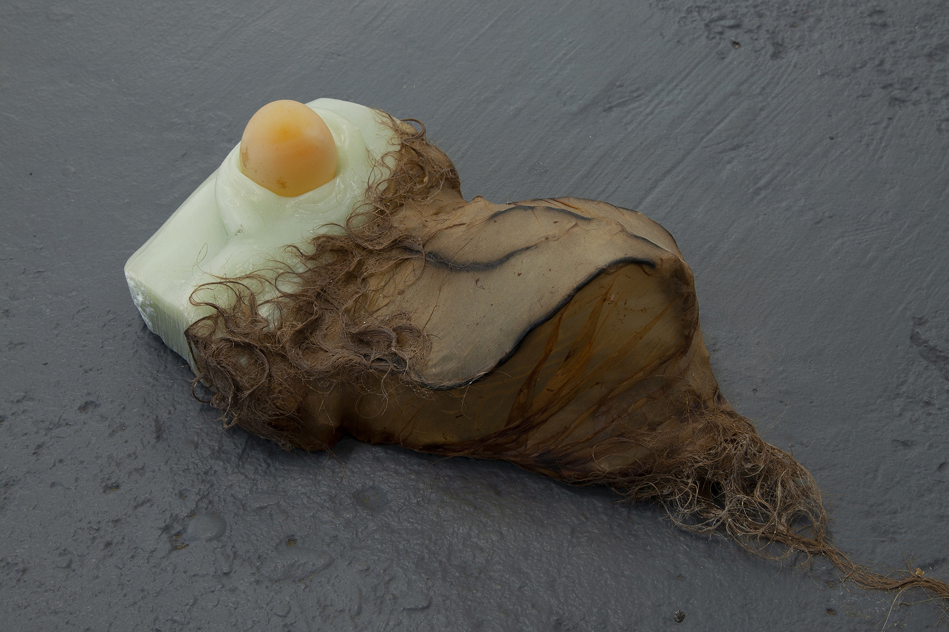 font IV 2020 soapstone, steel, kombucha mother, horse hair, glue, raw egg, white vinegar 5 x 6 x 13 inches
