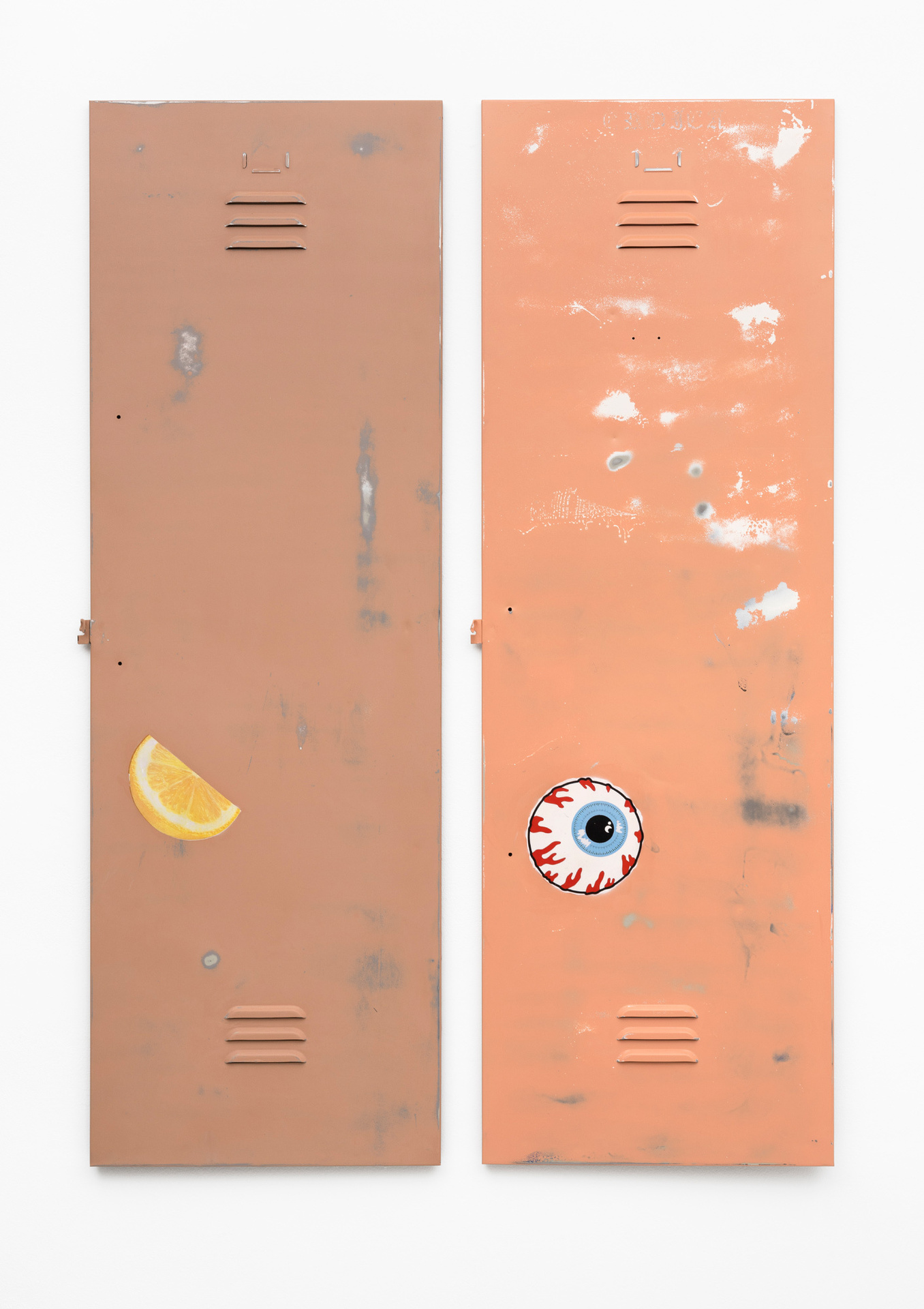 Felix Kultau, Lemon Locker and Eye Ball Locker, each 2020, acrylic and digital print on metal, 168 x 55 cm