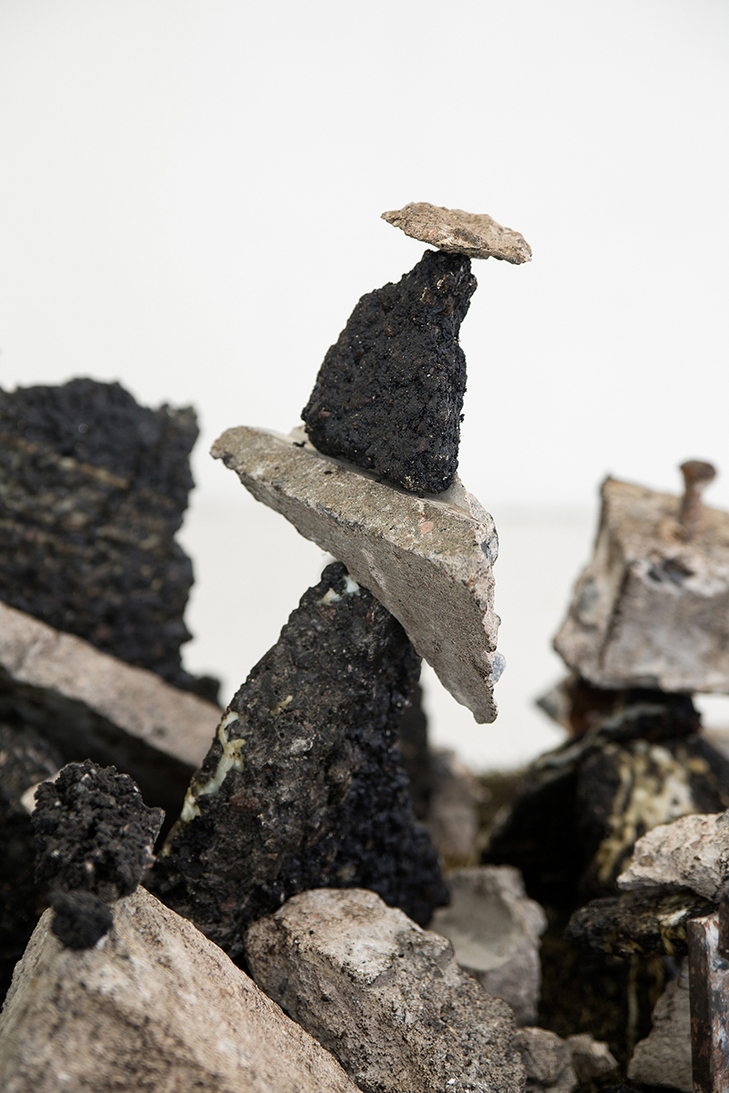 Jack Almgren, Landscape (detail), 2020 (Asphalt, concrete, paraffin, glue, plastic and acrylic, dimensions variable).