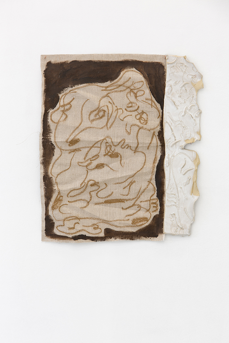 Alina Vergnano, Two, a Double, a Mirrored—Half, 2020 (Acrylic and oil—stick on linen, glazed stoneware, 42 x 38 cm).