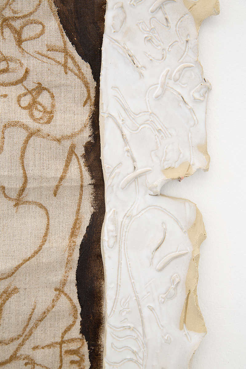 Alina Vergnano, Two, a Double, a Mirrored—Half (detail), 2020 (Acrylic and oil—stick on linen, glazed stoneware, 42 x 38 cm)