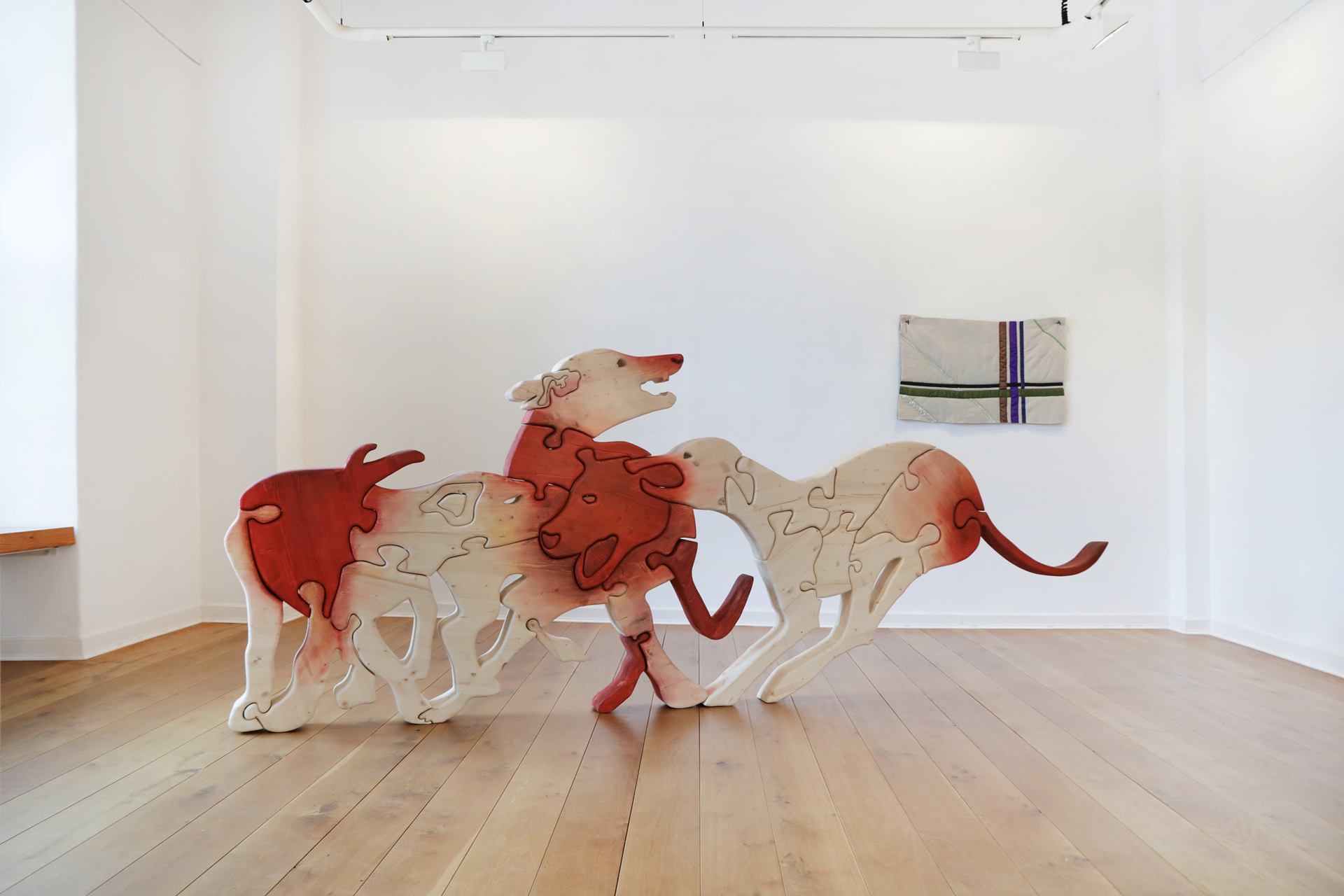 Camilla Steinum, "Blotched Idol", 2020, Stained wood, 130 x 350 x 11 cm
