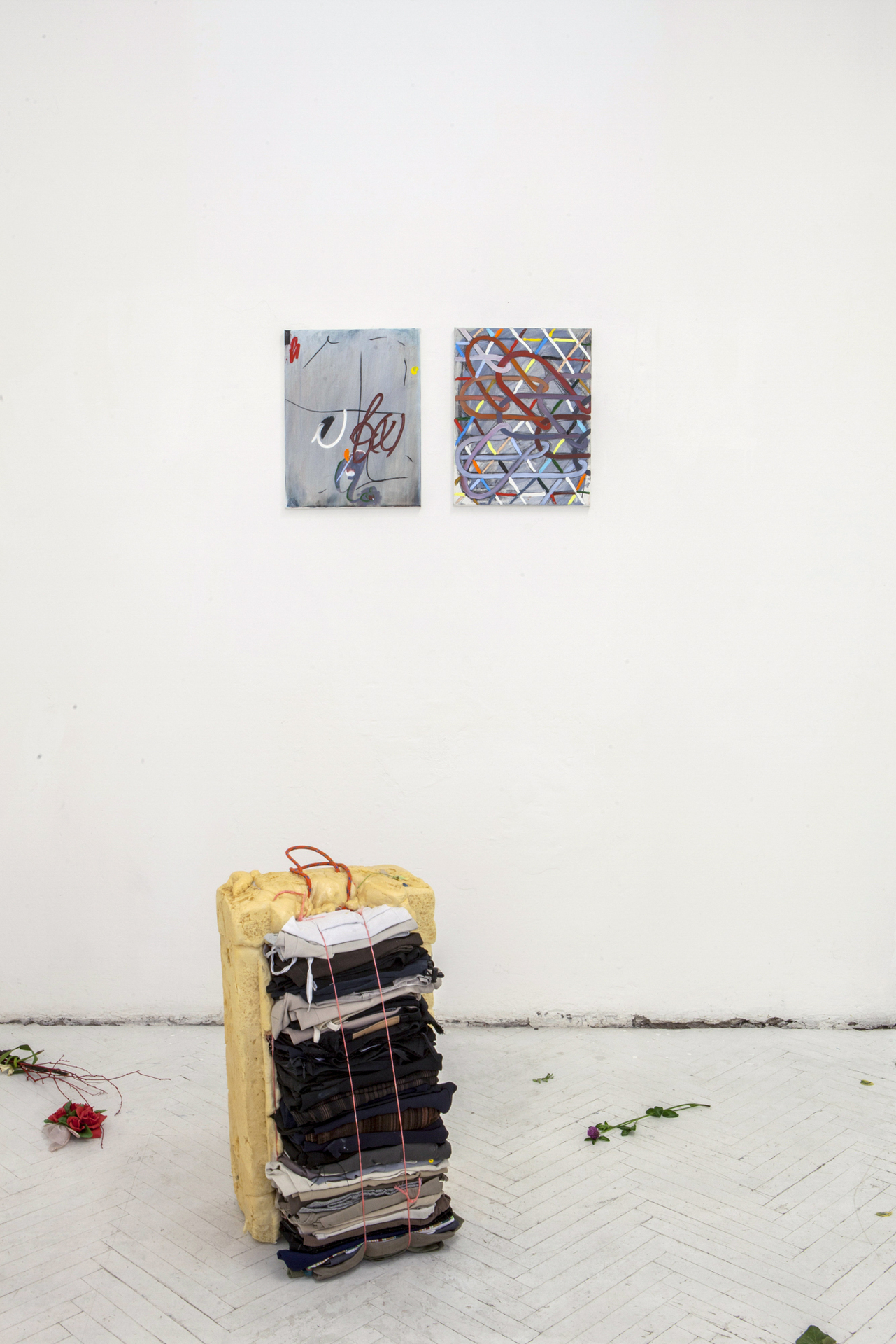 Gabriela Těthalová, Learning Patterns, 2017, Gabriela Těthalová, Dysfunction, 2017 and Julius Reichel, Trausers Travel Pack: P U Slice Stick Version, 2016