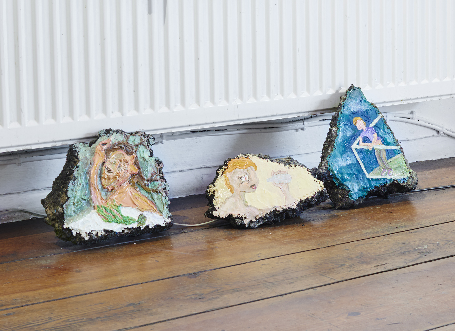 Nico Lillo, the garden of delays, 2020, oil on rocks, 3 objects: 30 cm x 20 cm x 10 cm approx each