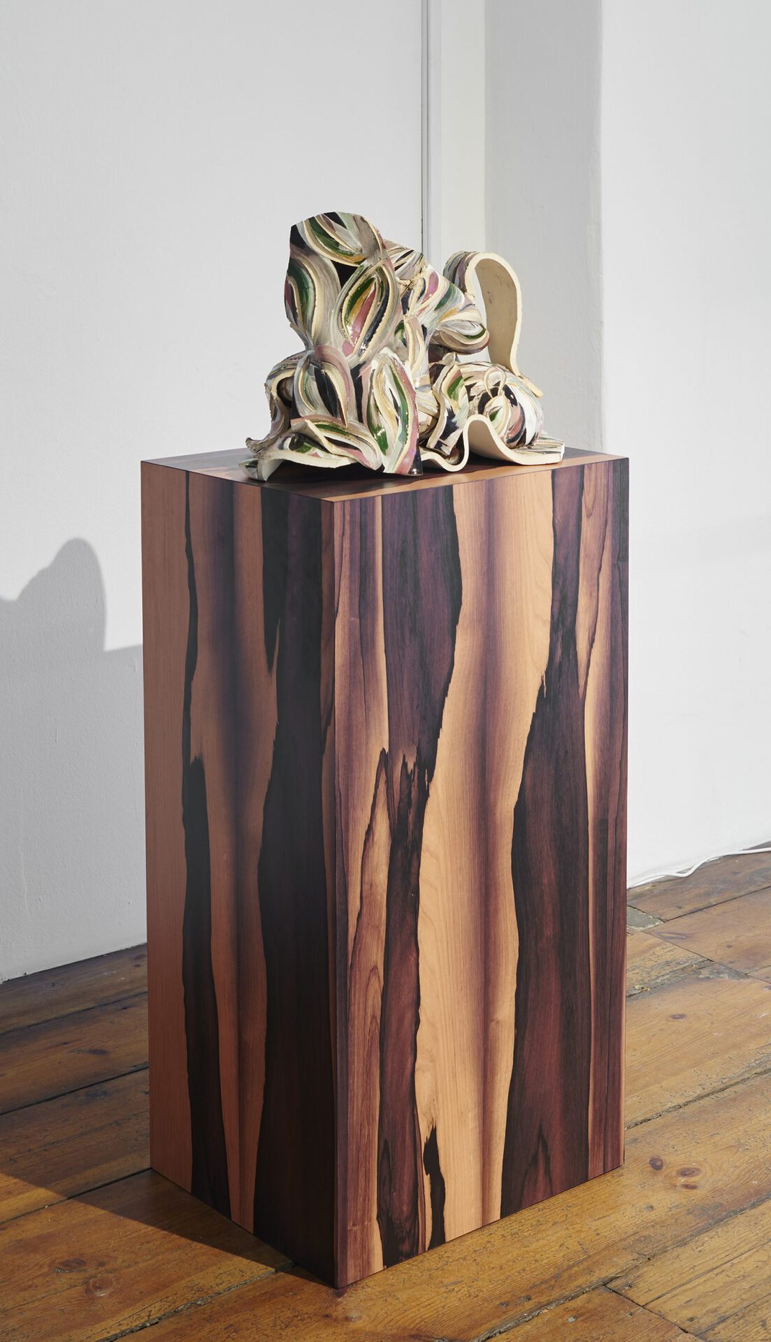 Stephen Kent, And I Will Meet You Behind Your Eyelids (Leaning Vase), 2020, fired ceramics, engobe, glaze, wood, laminate, 130 cm H x 49 cm W x 39 cm D