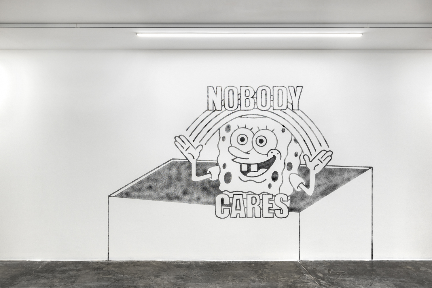 Berkay Tuncay, Nobody Care, 2020, Egg tempera, charcoal, spit and blow painting technique, 230 x 350 cm