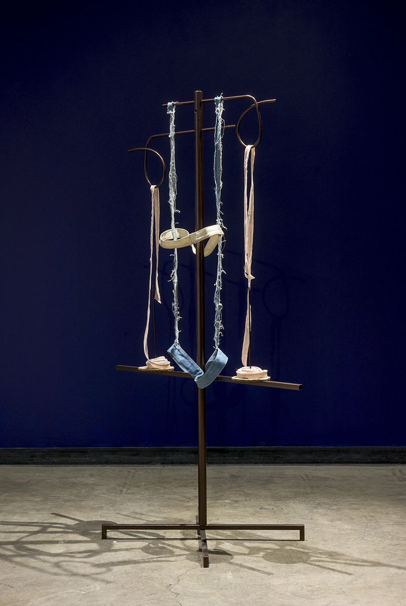 Karen Kraven, Double Thread Stand, 2020, Denim, cord, cotton, thread and powder coated steel