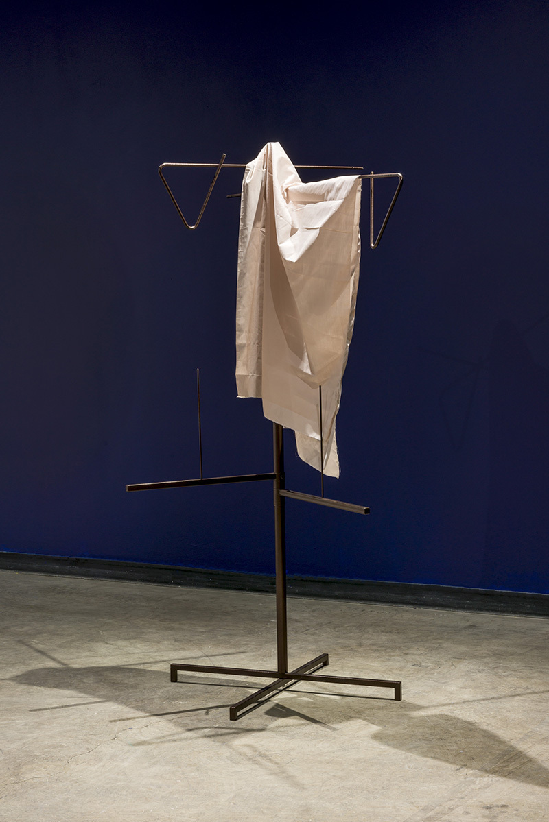 Karen Kraven, Three Spool Stand, 2020, Pocketing cotton and powder coated steel