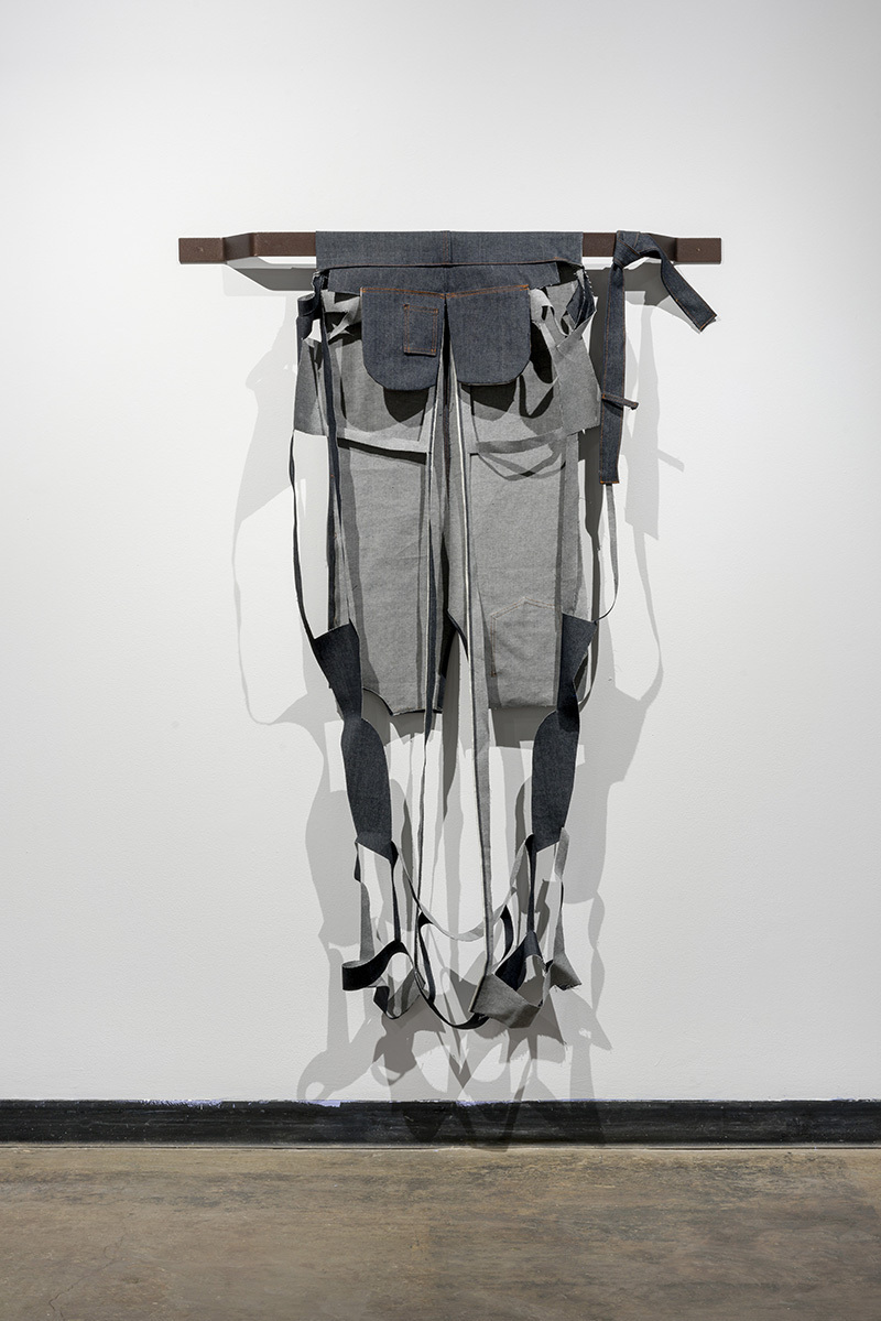 Karen Kraven, Gossypium, 2018, Denim, cotton, thread and powder coated steel bracket