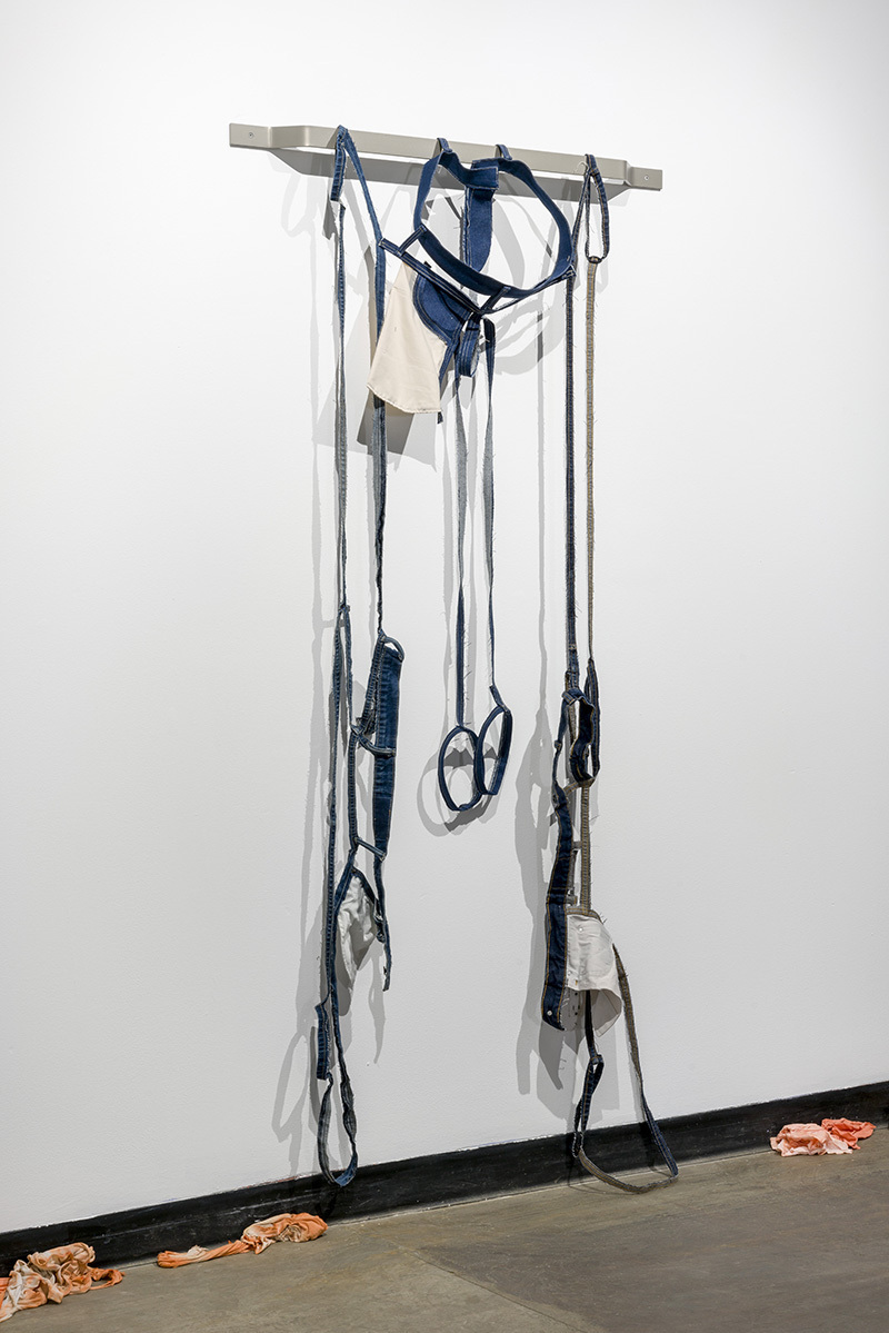 Karen Kraven, Welt, 2020, Denim, T-shirts, cotton, thread and powder coated steel bracket