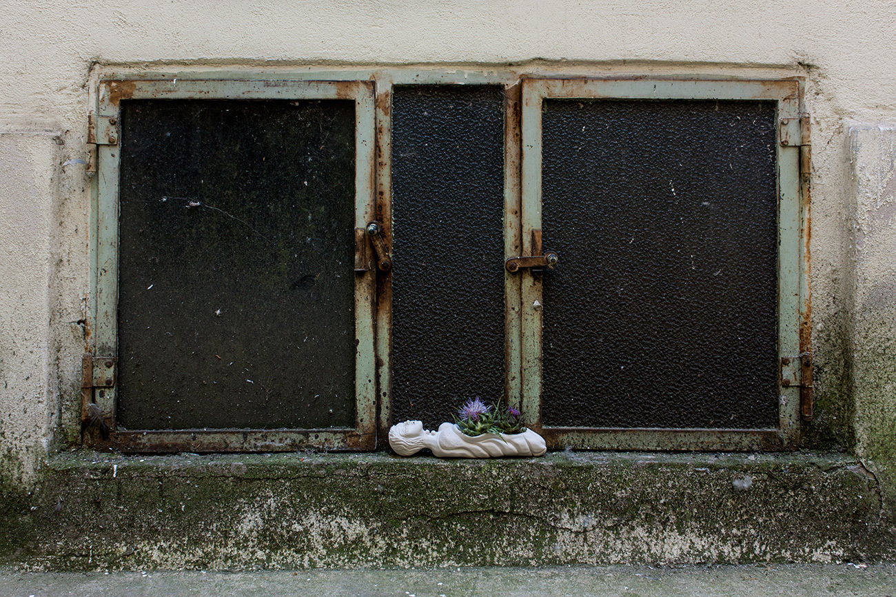 Siggi Sekira, The Howl, 2018, sculpture, unglazed ceramics and thistle, approx.  22,5x6,5cmx6cm (Kvartirnik installation view)