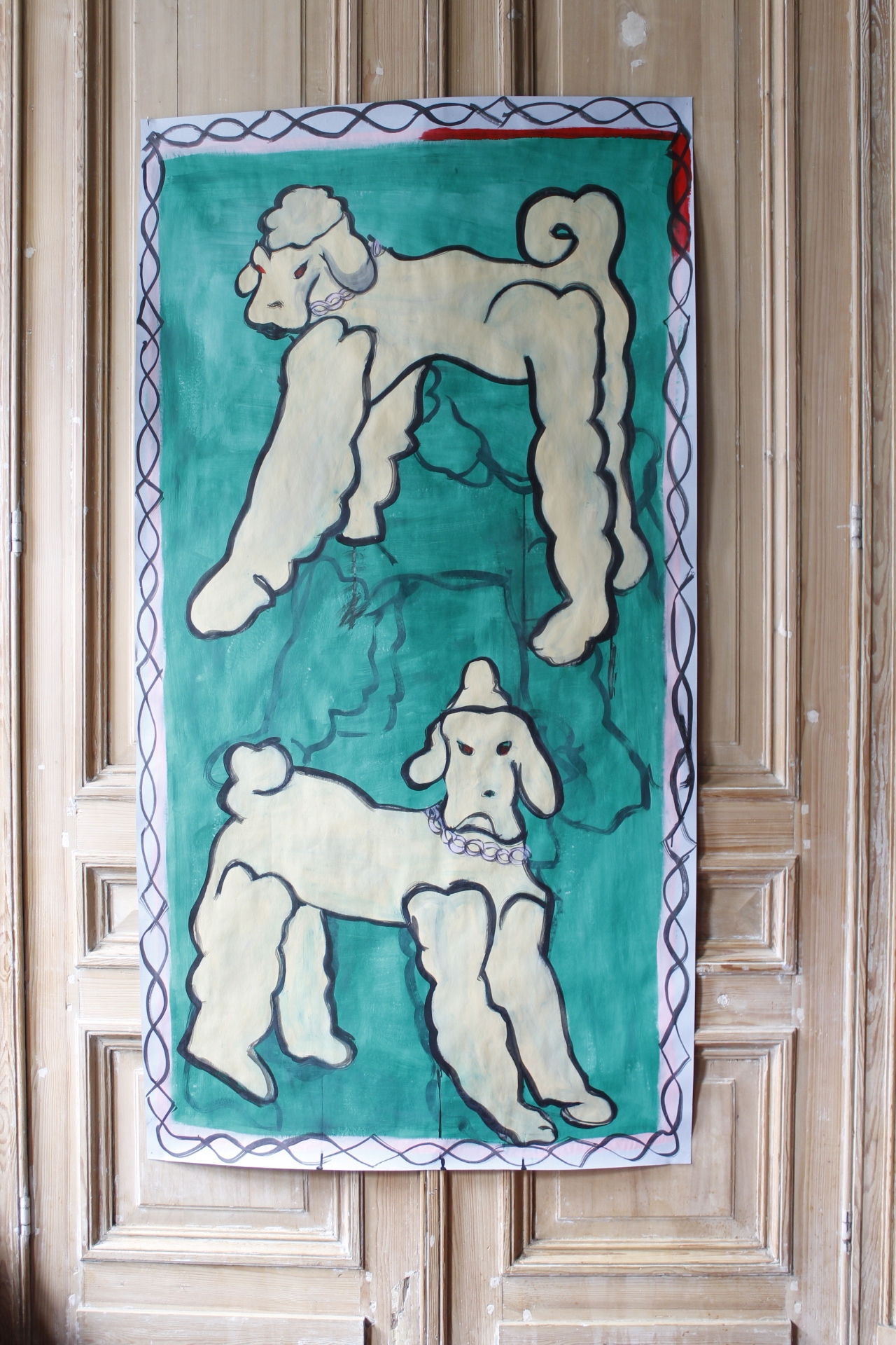 Ines Claus Les chiens collectionneurs (2020) Acrylique et encre sur papier 170 x 100 cm