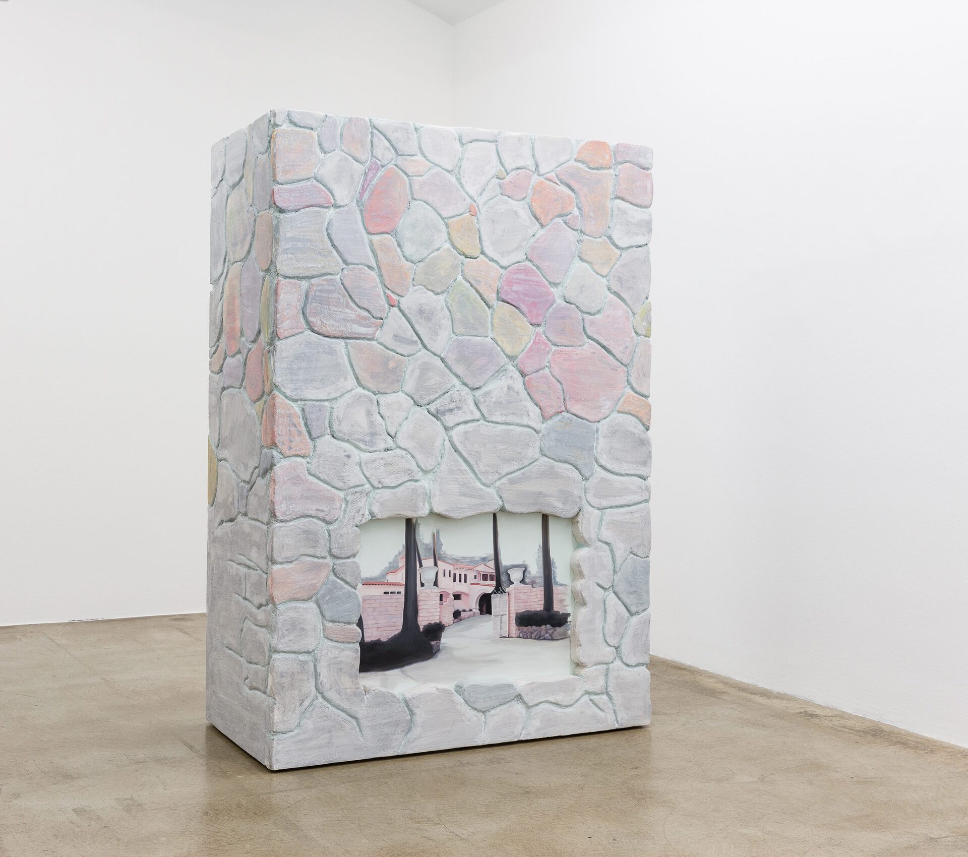 Melanie Ebenhoch, The Fireplace, 2019, oil on canvas, acrylic resin, styrofoam, wood 181 x 125 x 65 cm