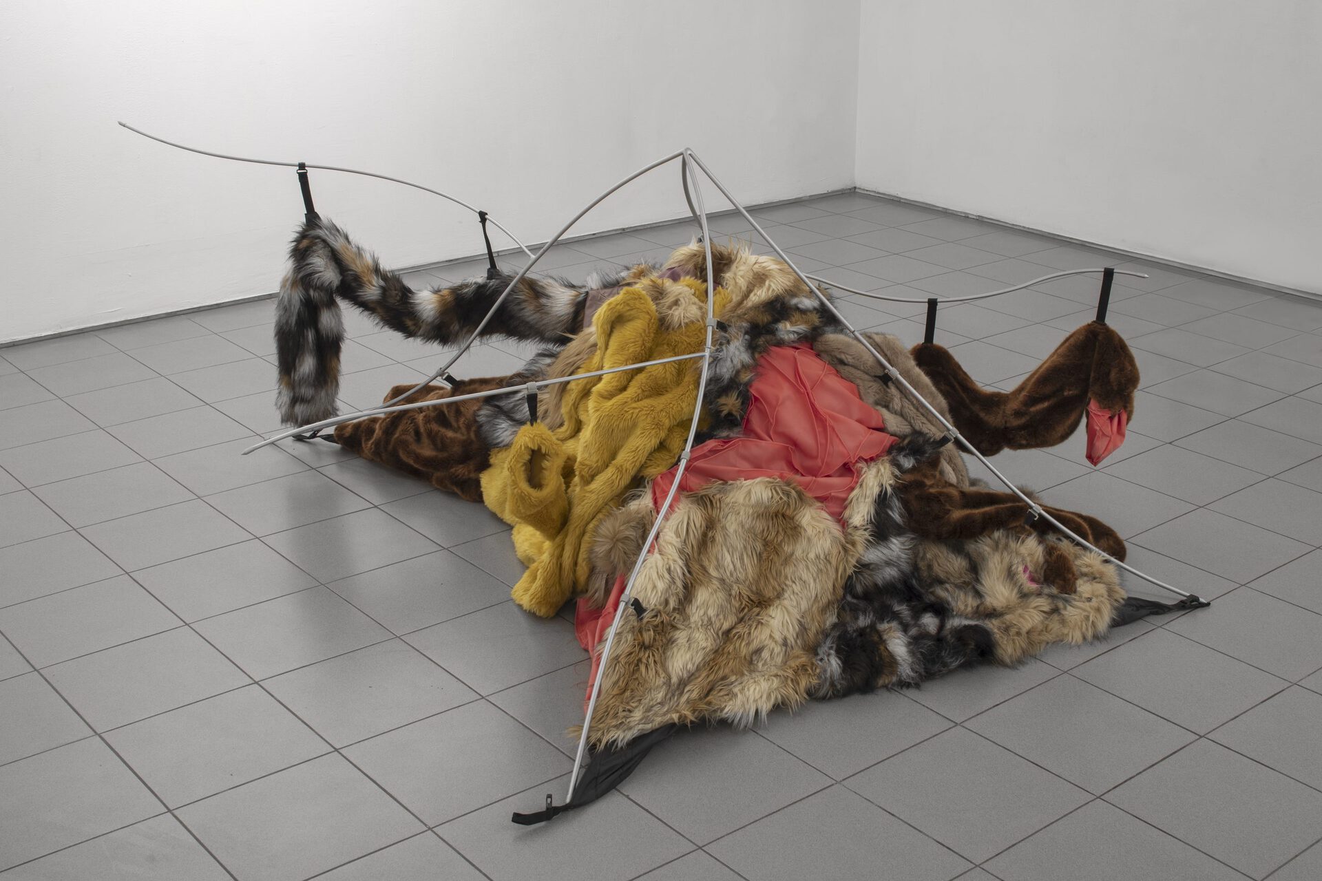Tent, 2019-2020, fur coats, sportswear, tent, latex, stainless steel, paint, steel cable