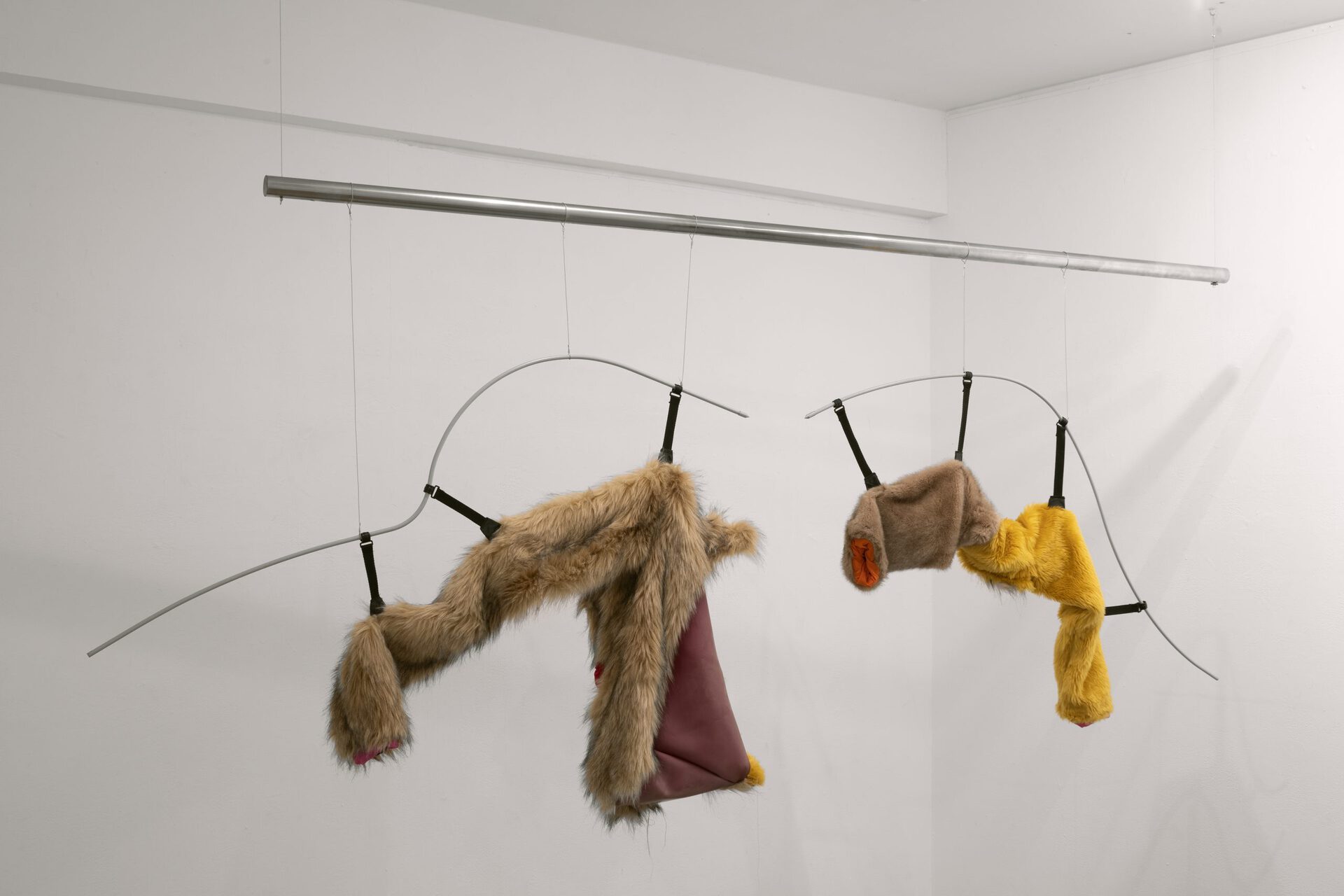 Tent, 2019-2020, fur coats, sportswear, tent, latex, stainless steel, paint, steel cable