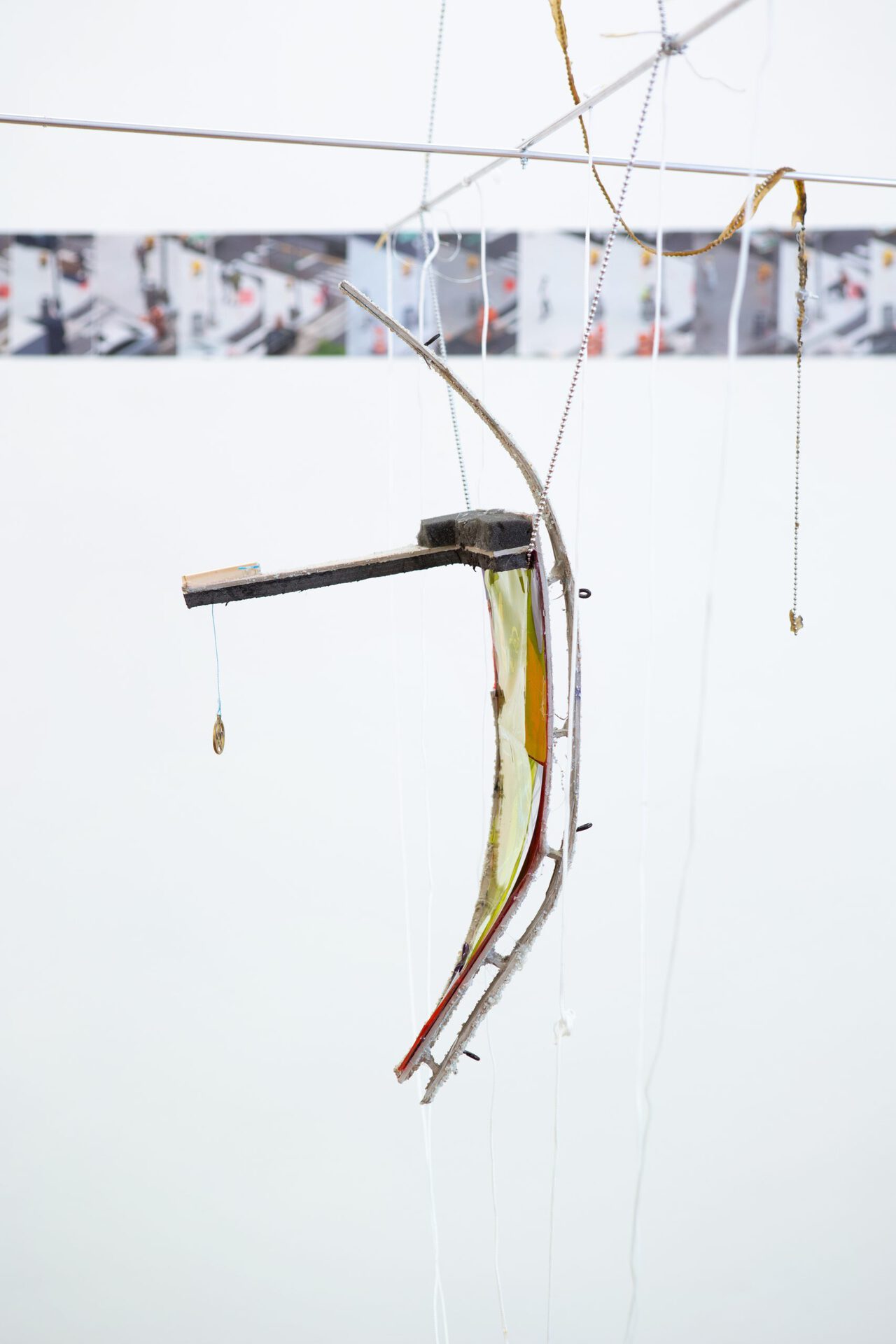 Anders Dickson, pocket of solace and suspension of belief, 2020, Bronze, chain, latex, wire, rope, cardboard, gravel, glue, foam, photo, mylar, dimensions variable