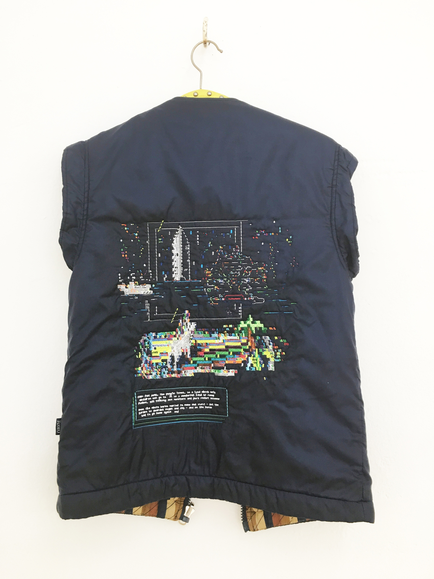 Ernst Markus Stein, googooland, 2020, Embroidery on vest, ca. 50 cm x 70 cm