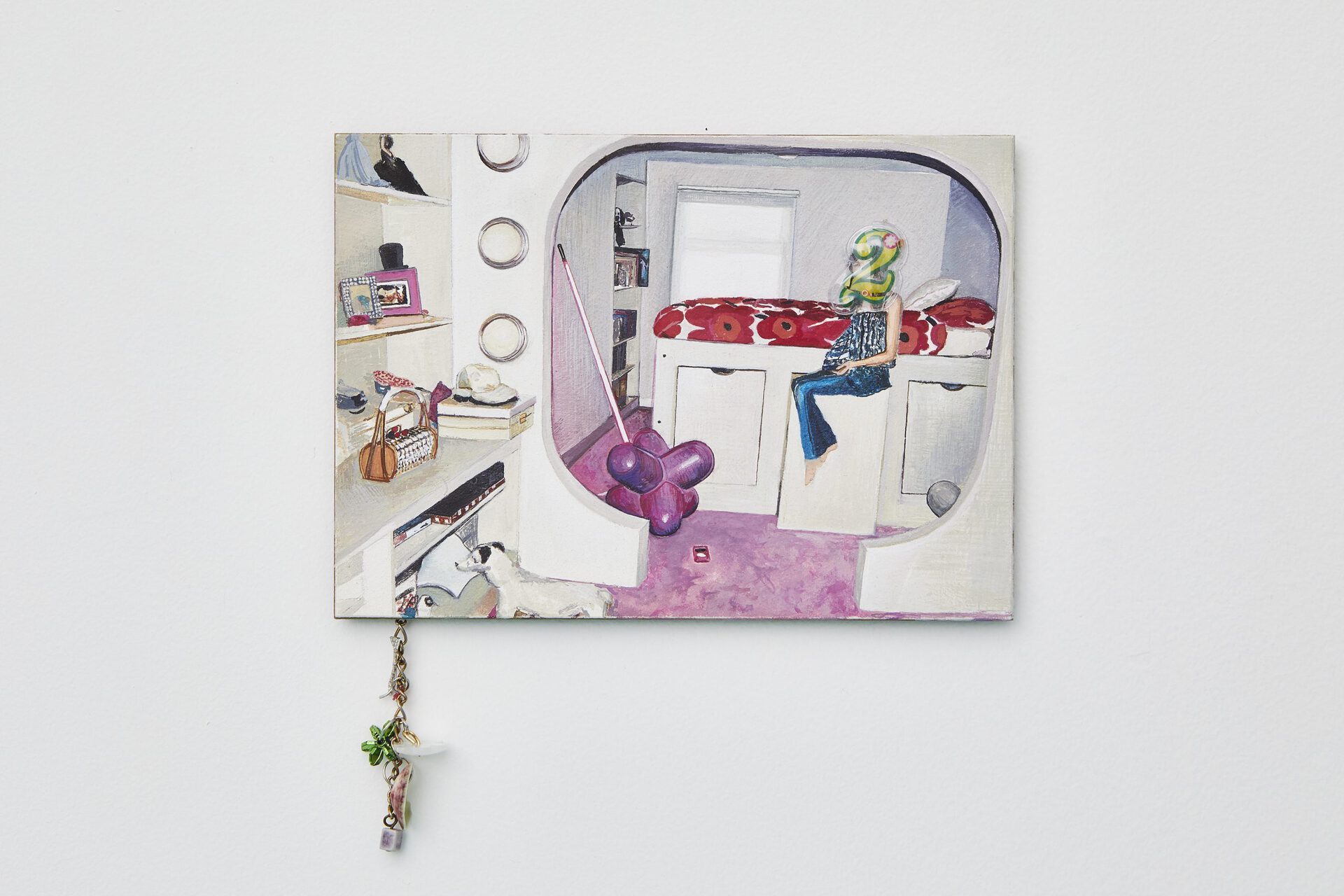 Jordan Barse Thus, the dressmaker's dummy, 2020 Gouache and sticker, chain and charms on aquaboard