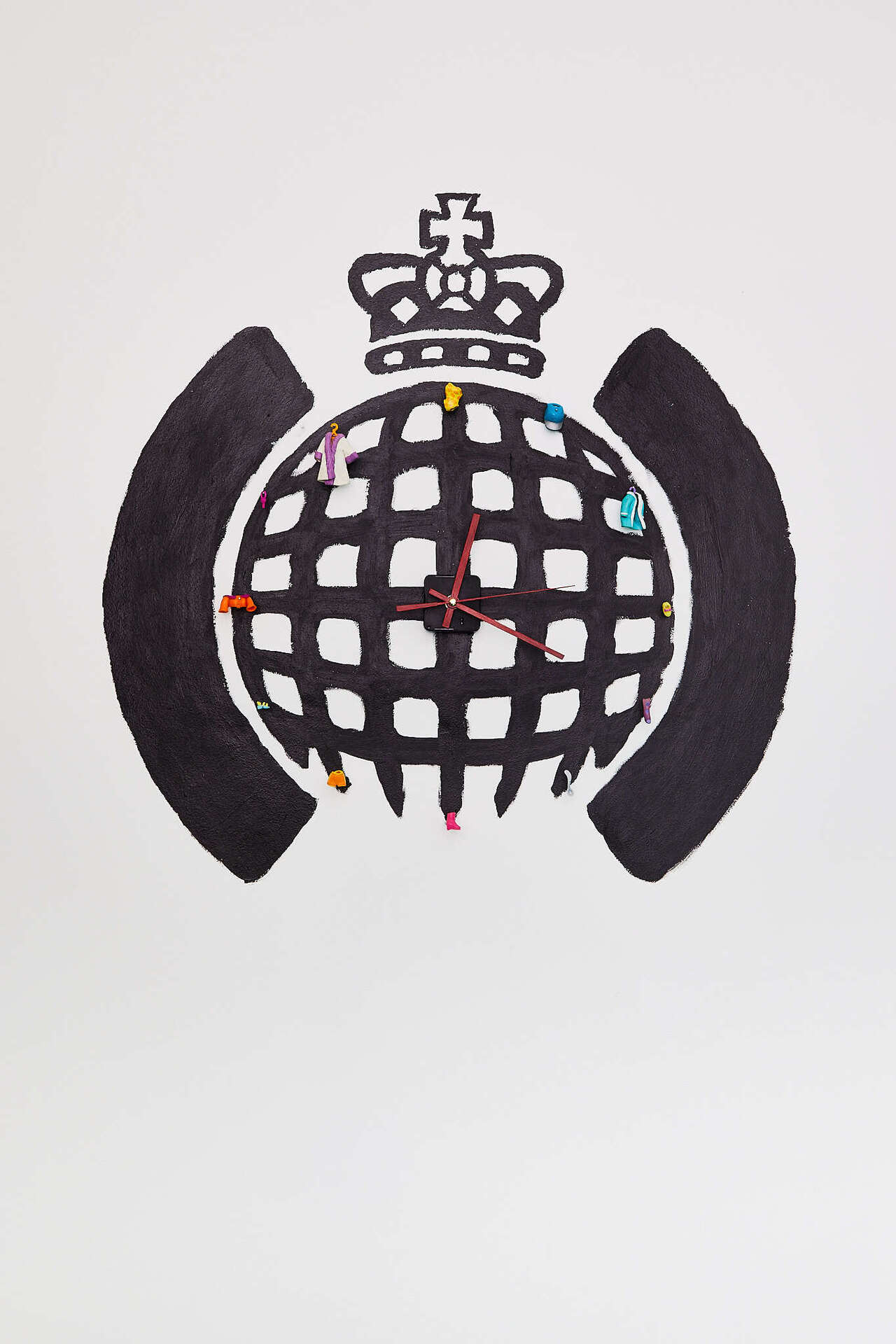 Spencer Lai Untitled, 2020 Acrylic, wall clock component, Polly Pocket clothing and accessories, pins