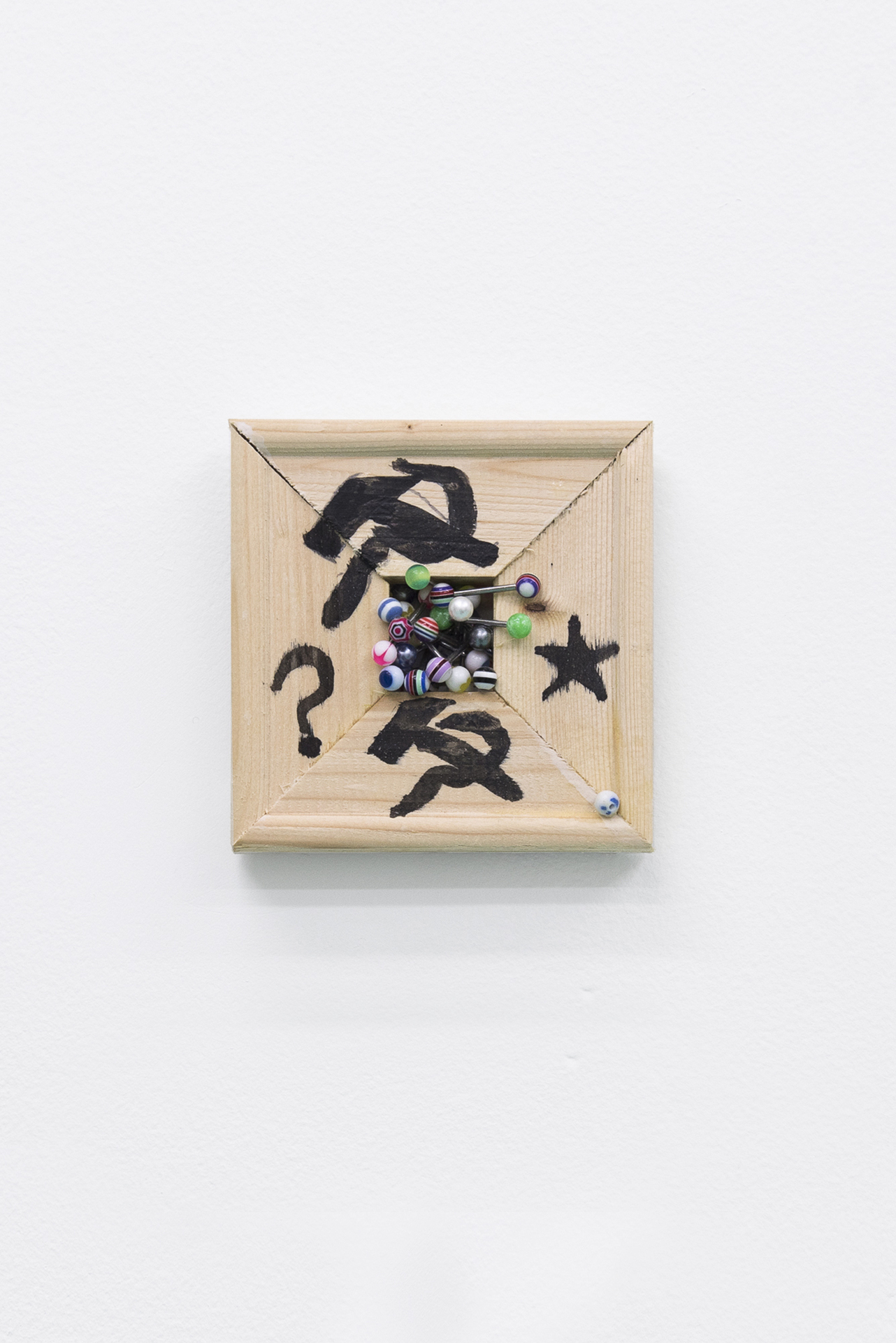 Victoria Todorov Title not known, 2019 Ink, wooden frame, tongue piercing barbells, glue
