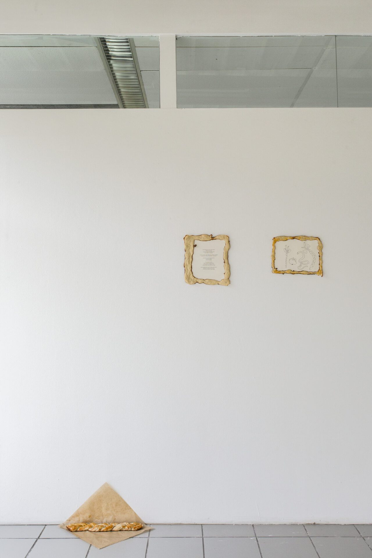 Anna Regner, A place to(o) gorge(ous), 2020, 5 drawings & bread, variable dimensions