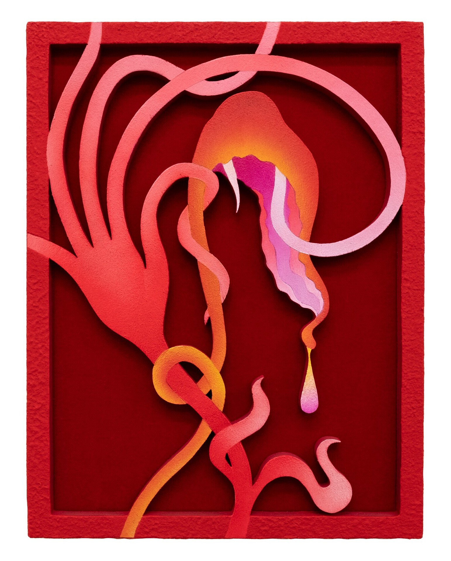 Mevlana Lipp, Blossom, 2020, acrylic, ink, wood, sand and velvet, 30 x 20 cm
