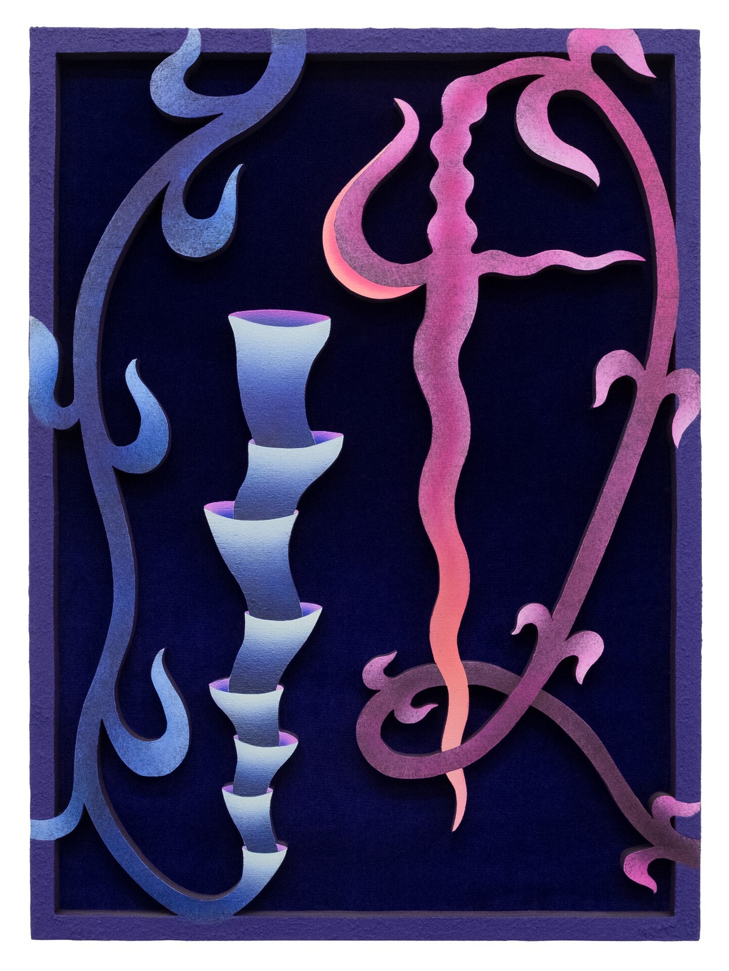 Mevlana Lipp, Dagger, 2020, acrylic, ink, wood, sand and velvet, 45 x 33 cm