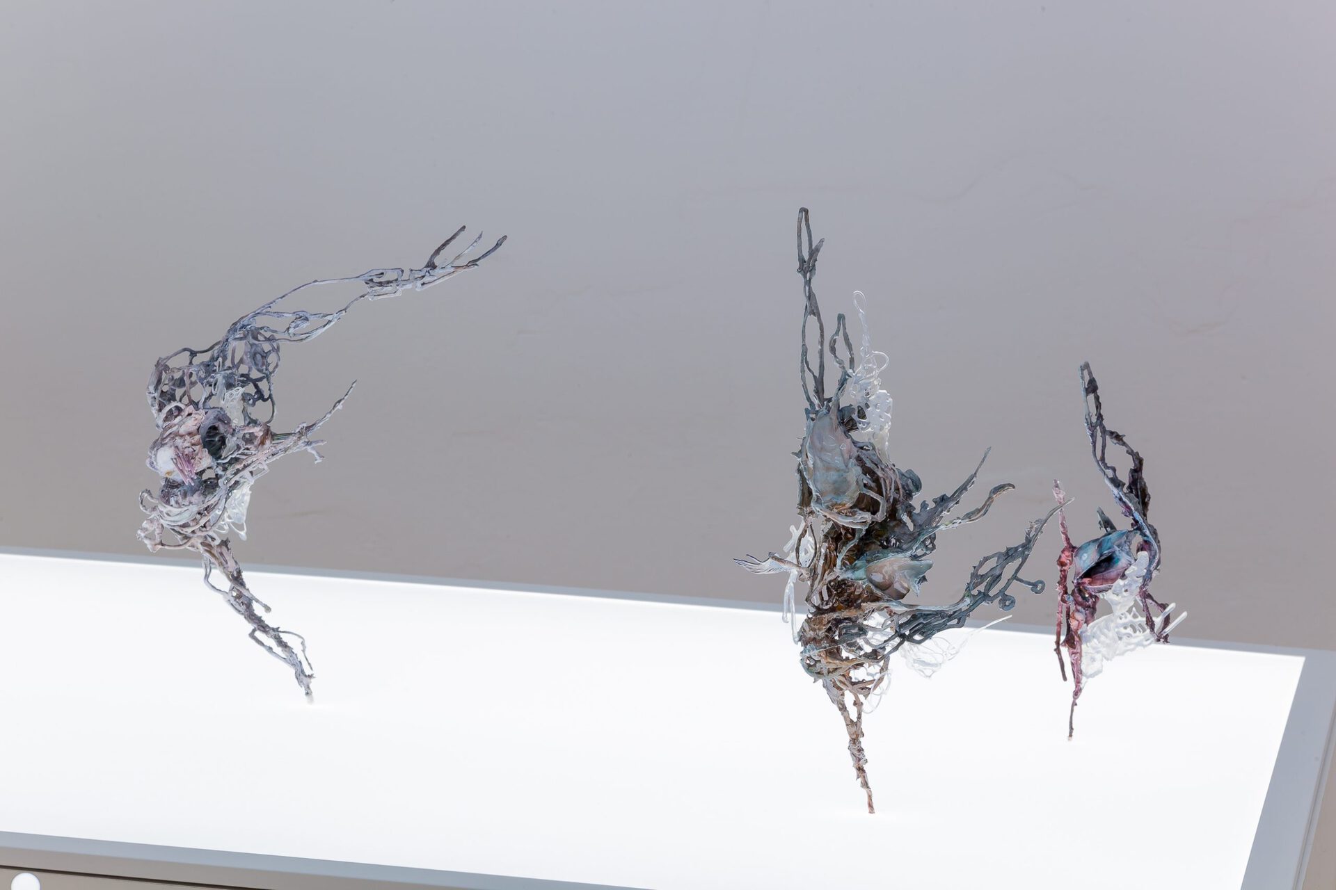 Ivan Pérard, Highest Standard of Microbial Bioship 3401XZ6 / My 3d Printed Collection of Nordic Classics / There‘s not enough Aspirin in the Universe, PLA, polyurethane sculpt, wire, inks, lacquer. Lightbox dimensions variable