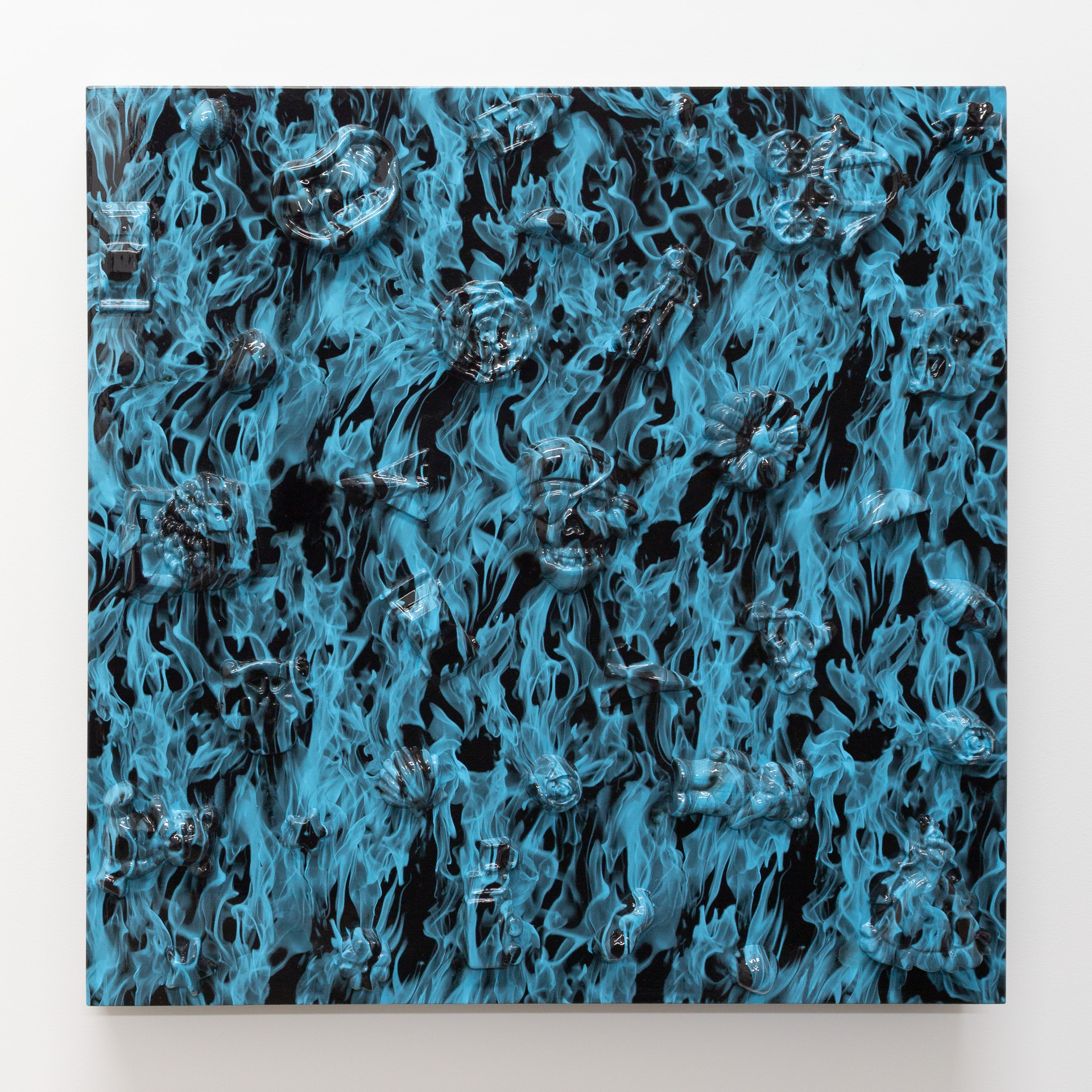 Yolunda Hickman, Shells (Flames), 2019, polyvinyl achohol print on resin, plaster, gesso on board, unique state print, 50 x 50 x 6.5 cm