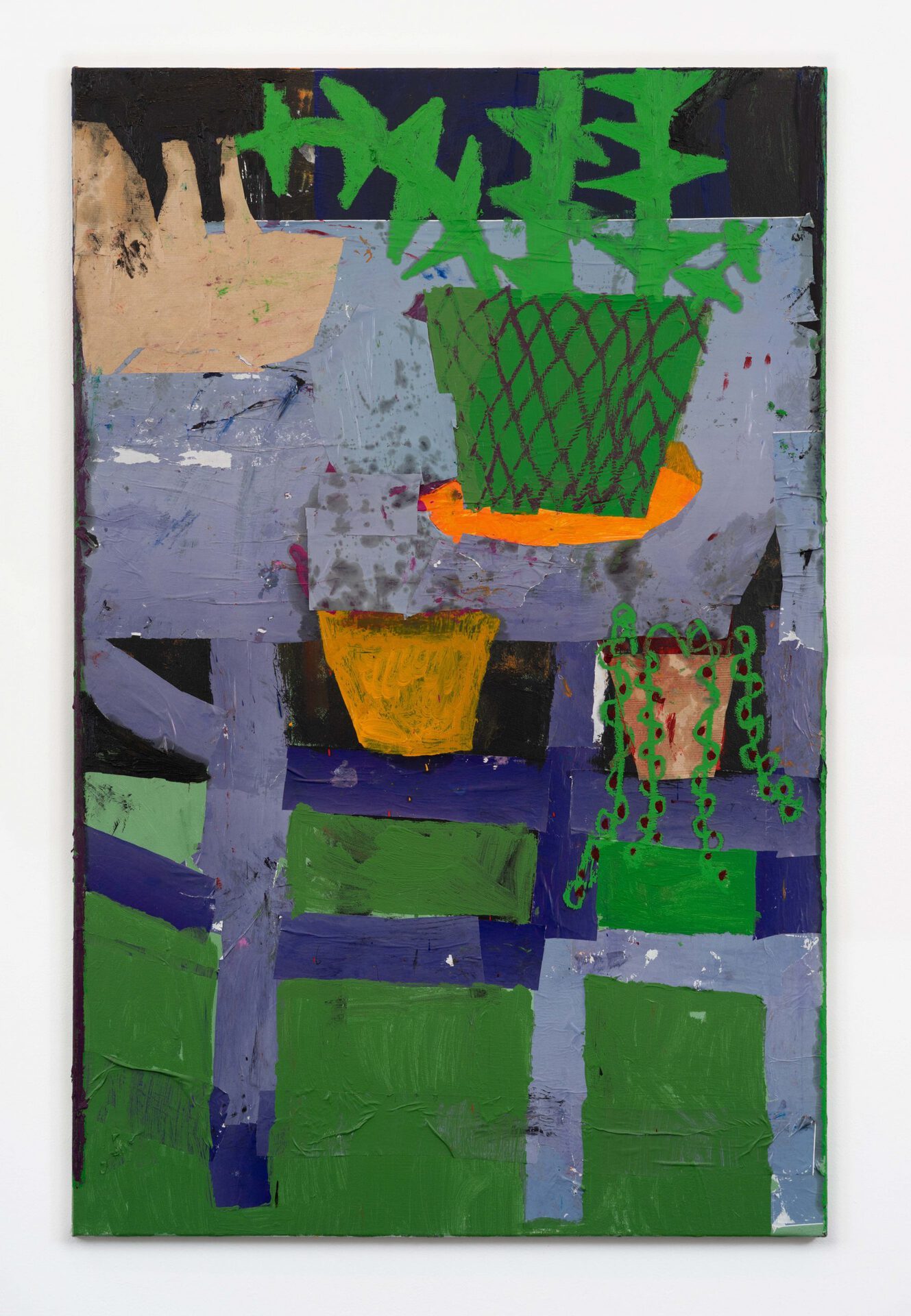 The Purple Plant Stand 2020 Oil, collage and oil bar on canvas 140 x 90 cm Florence Hutchings