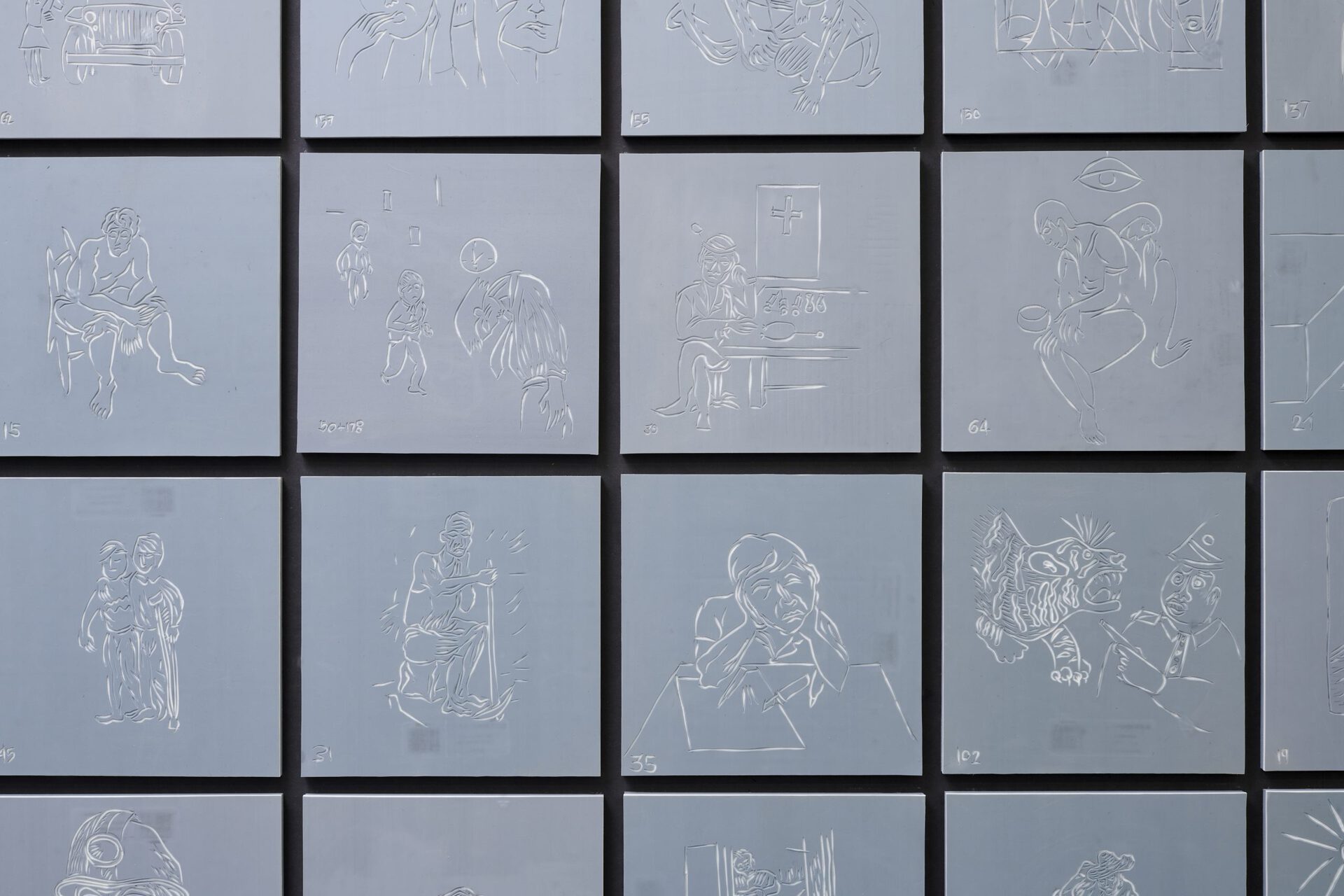 Christian Nyampeta, Scenes from the Revolution, linoleum carvings, 2020, Akademie der Künste der Welt (Academy of the Arts of the World, ADKDW)