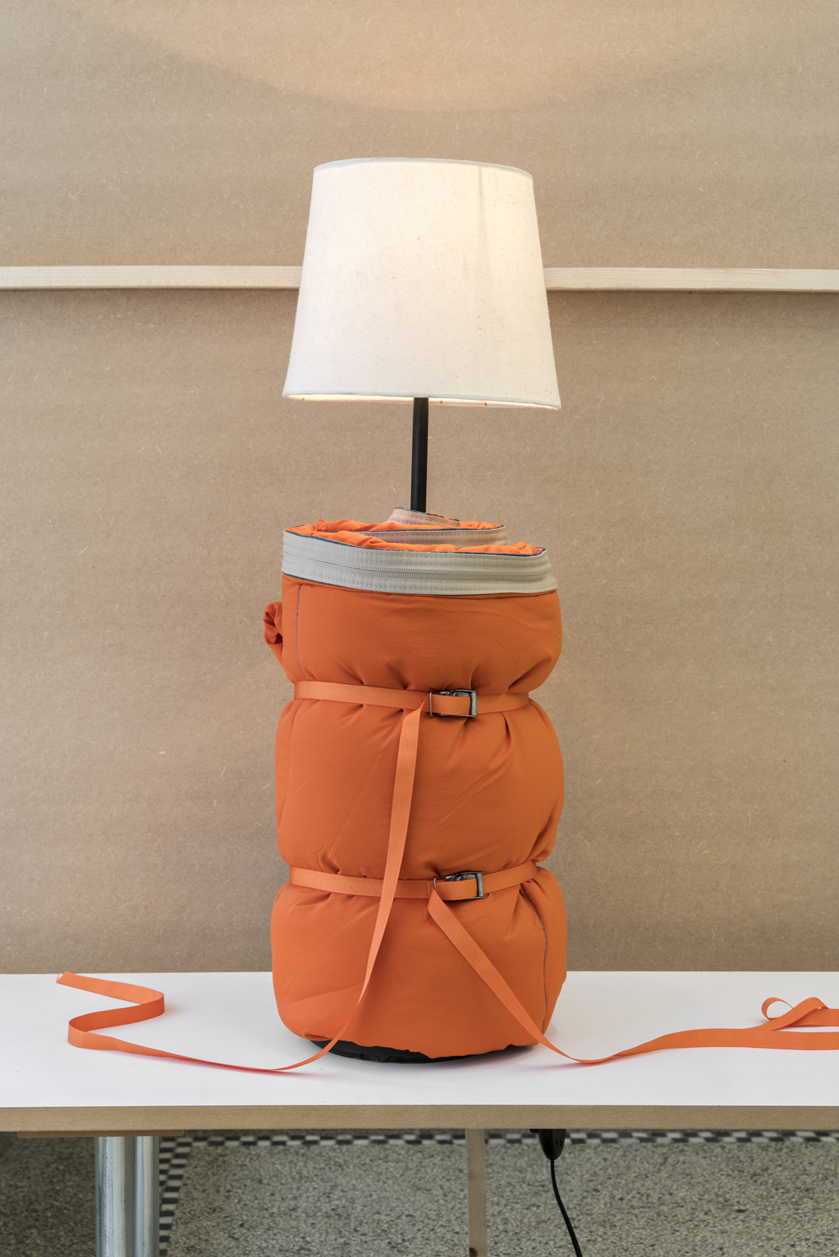 Kevin Gallagher Beacon, 2019 Standing lamp, sleeping bag, shipping straps, lamp shade, lightbulb