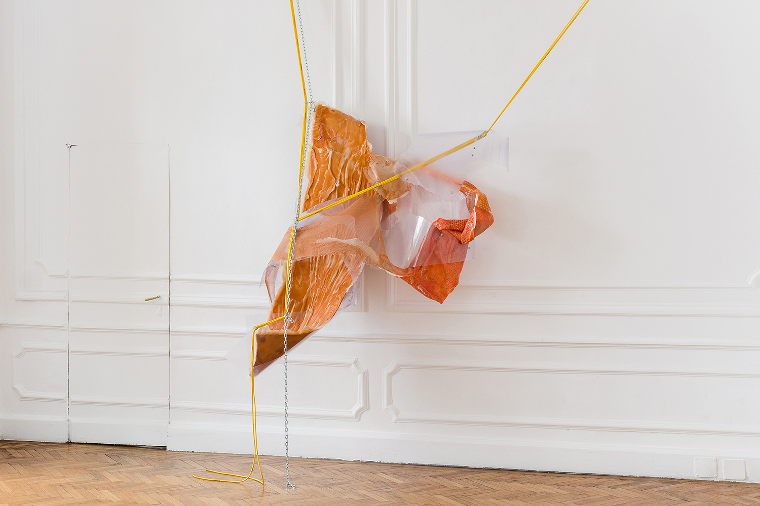 Sophie Hirsch, you, non you, all you #2, 2020 Silicone, fabric, pigment, Thera-Band, steel chain, polycarbonate 77 x 390 x 300cm