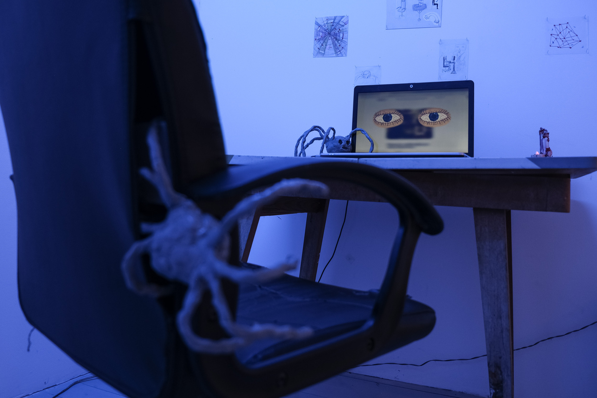 Rafał Żarski,Spider feast 2020, indoor view, front wall,installation detail, drawing on paper