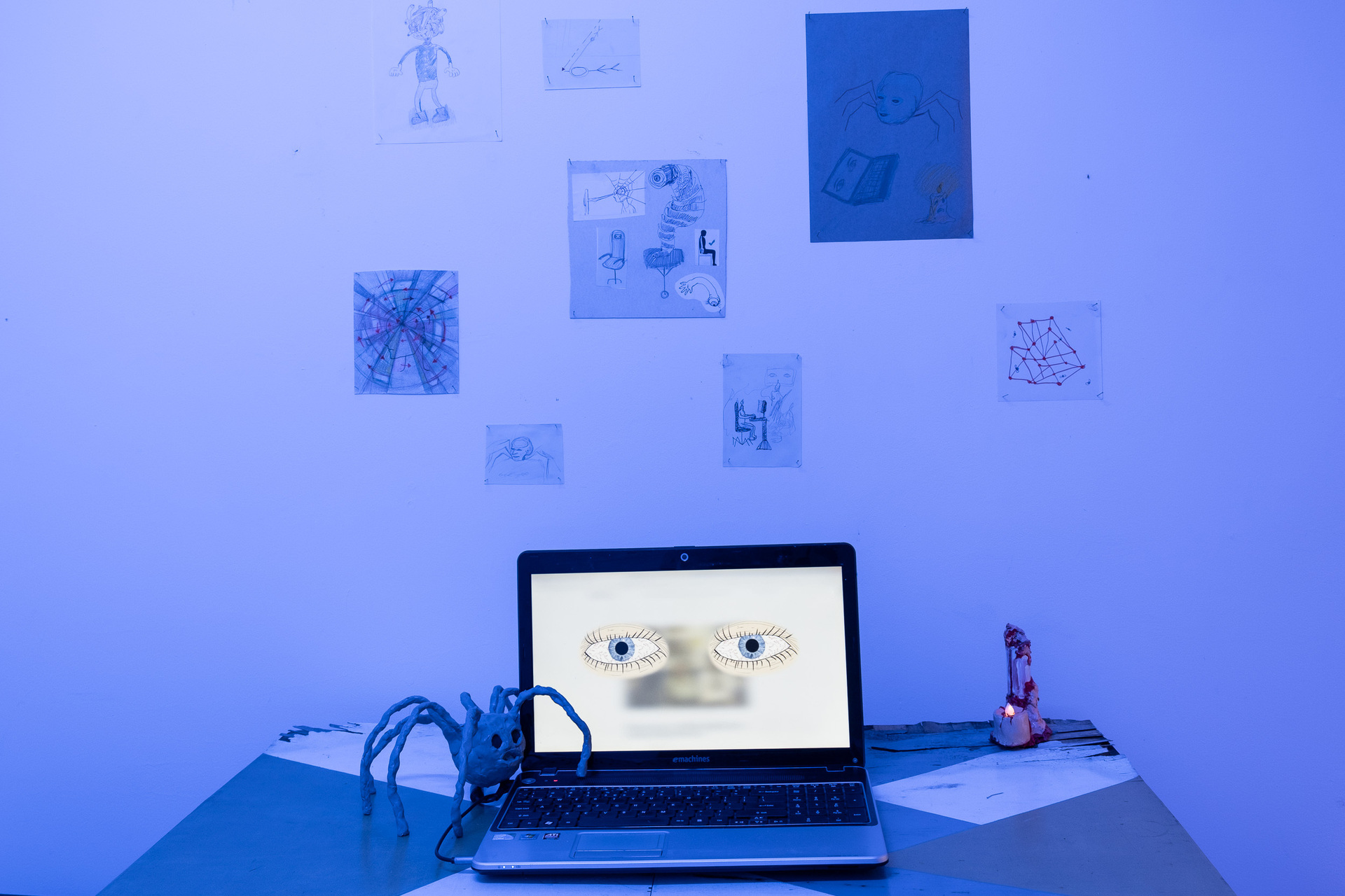 Rafał Żarski,Spider feast 2020, indoor view, installation detail, mix media, video loop, drawings