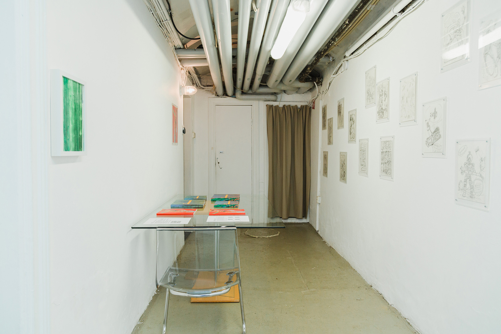 Torsten Zenas Burns, The Bamboonaut Clusters, 2020, 24 framed A4 pencil drawings, A3 framed poster, 104 page graphic novel, 240 page catalogue, glass table, transparent polycarbonate chair, installation view