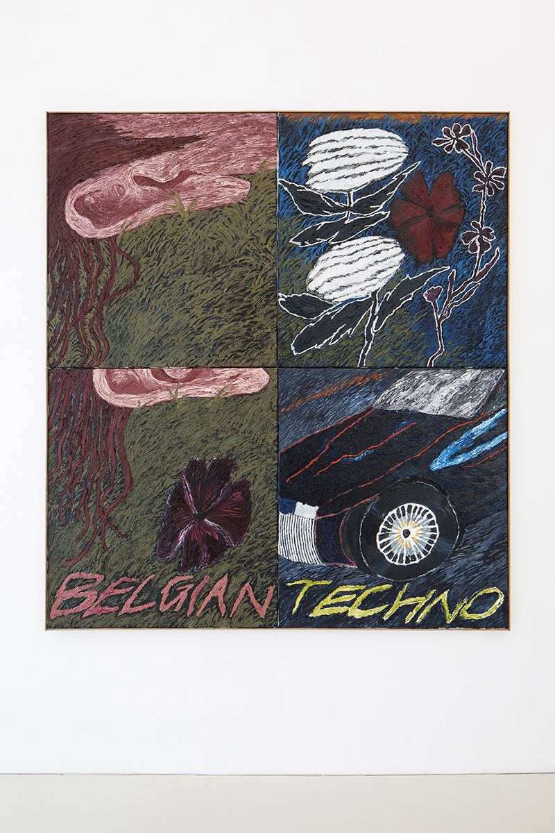 Stevie Dix, After Night of Belgian Techno, 2020 (Oil, beeswax and charcoal on linen, artist’s frame, 180 x 160 cm / 71 x 63 in).