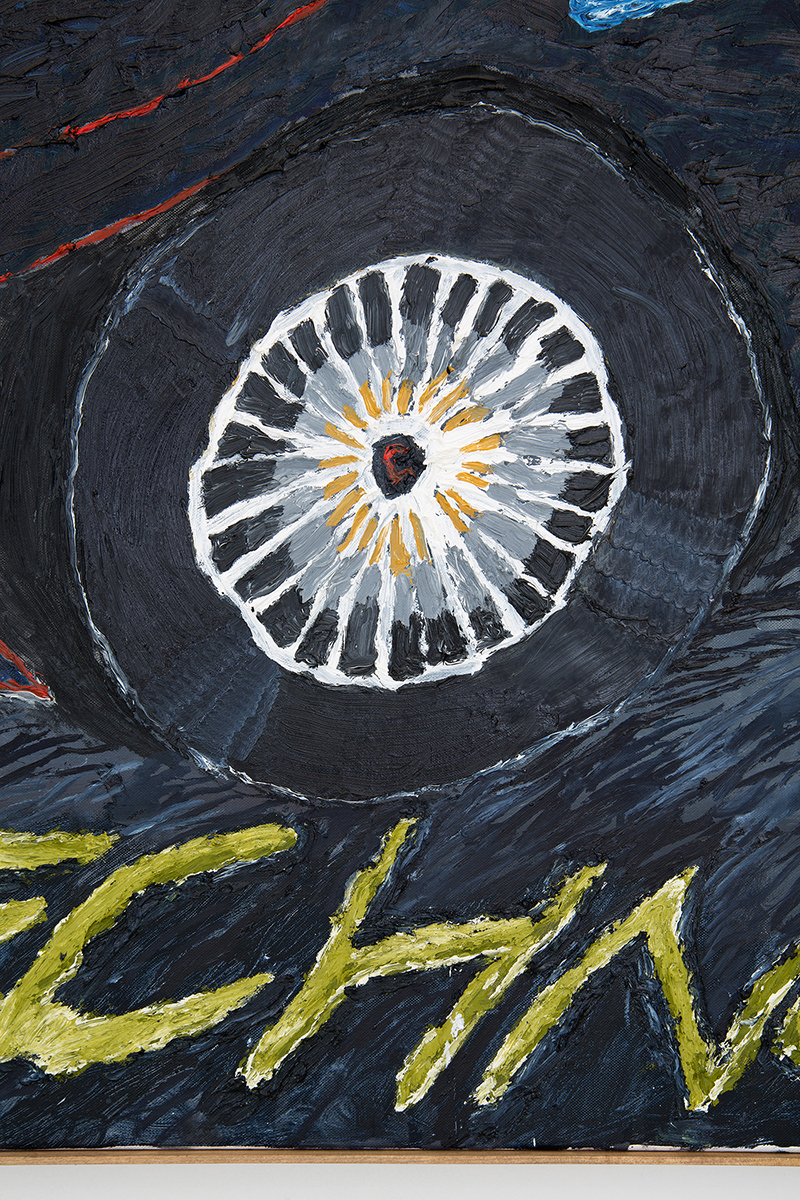 Stevie Dix, After Night of Belgian Techno (detail), 2020 (Oil, beeswax and charcoal on linen, artist’s frame, 180 x 160 cm / 71 x 63 in).