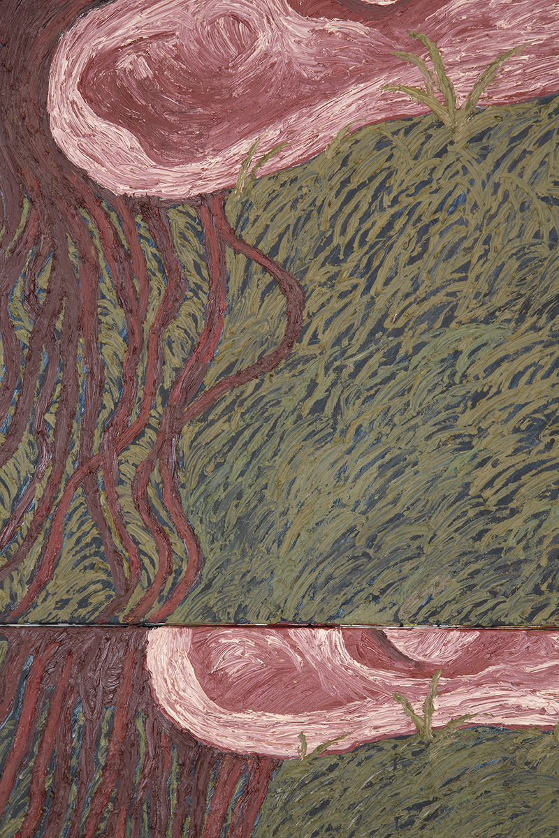 Stevie Dix, After Night of Belgian Techno (detail), 2020 (Oil, beeswax and charcoal on linen, artist’s frame, 180 x 160 cm / 71 x 63 in).