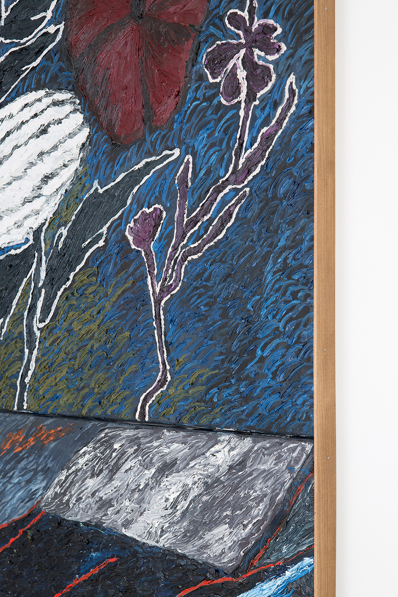 Stevie Dix, After Night of Belgian Techno (detail), 2020 (Oil, beeswax and charcoal on linen, artist’s frame, 180 x 160 cm / 71 x 63 in).