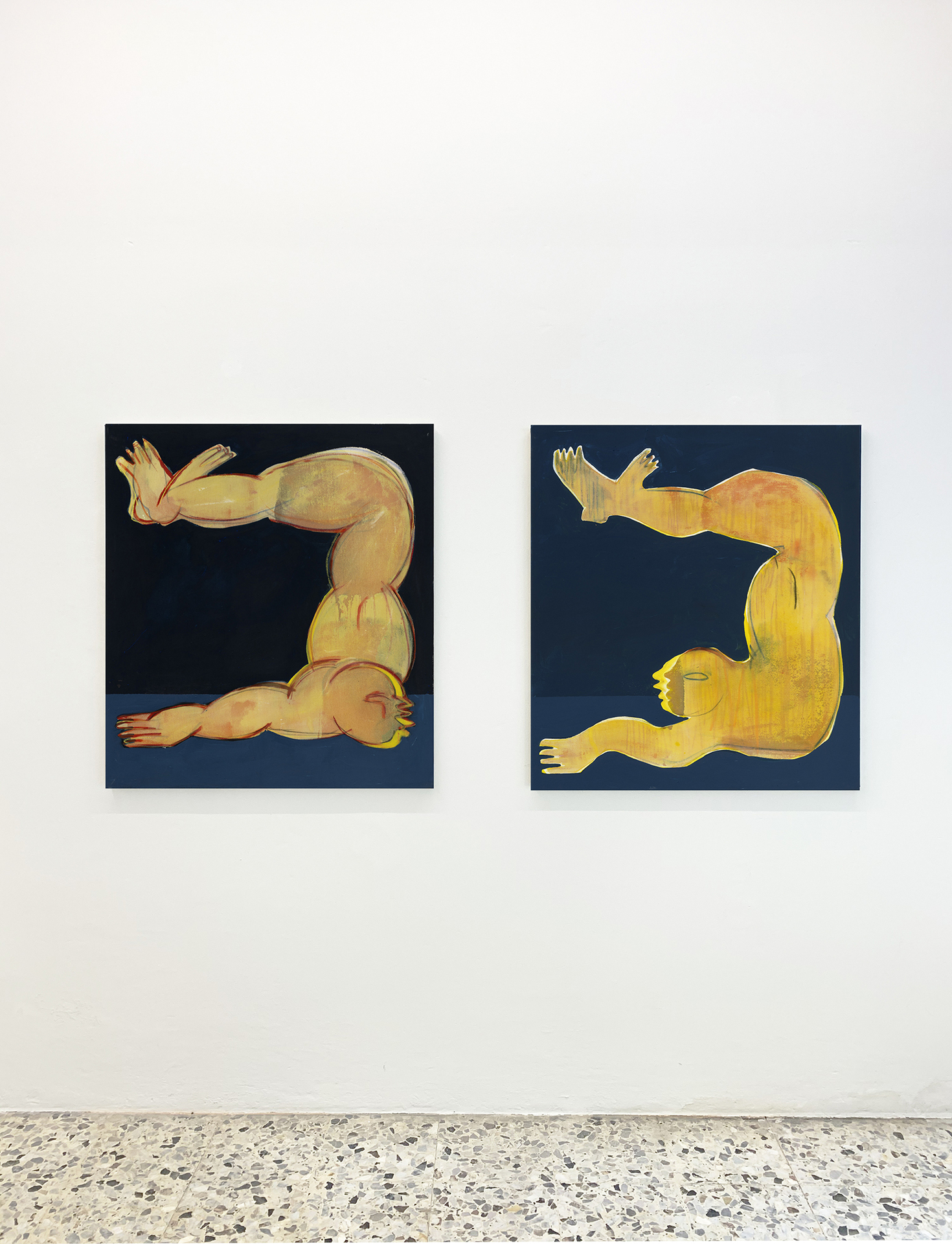 Anastasia Bay, Diver IV (left) and Diver V (right), 2020, pastel and acrylic on canvas, 100x90 cm