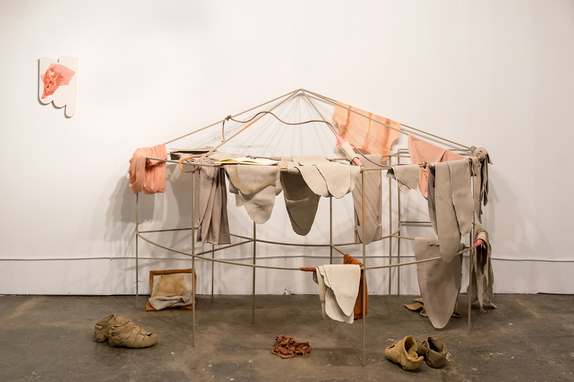 Laura Põld, Archetype, 2020. Steel, clay, textile, plexiglass, rope, spray paint.