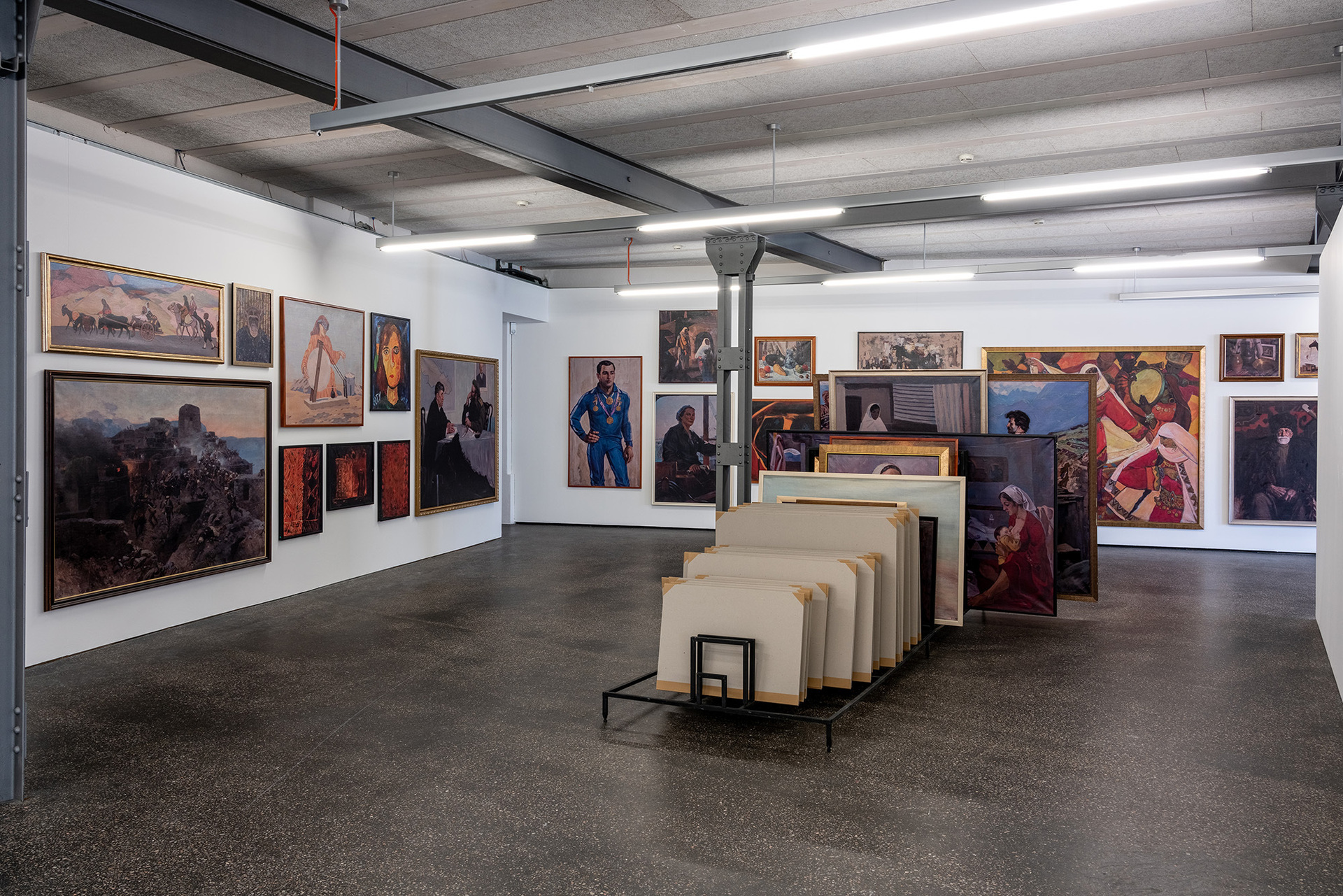 Taus Makhacheva, Selection of works from Dagestan Museum of Fine Arts named after P.S. Gamzatova, Makhachkala (2015), installation view, Alte Fabrik, Rapperswil (CH) 2020. Collection Van Abbemuseum, Eindhoven and MUHKA — Museum of Contemporary Art Antwerp. Photo: Niklas Goldbach