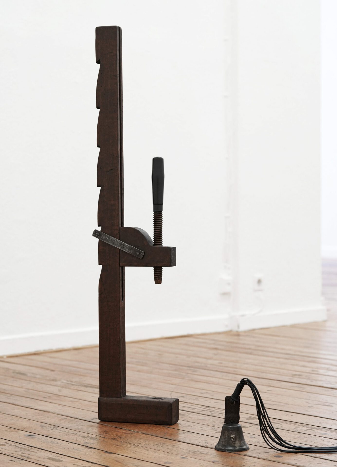 Eliza Ballesteros, CLAMPS, 2020, wood, oak stain, oil, iron, shellac, each 116 x 23 x 7 cm