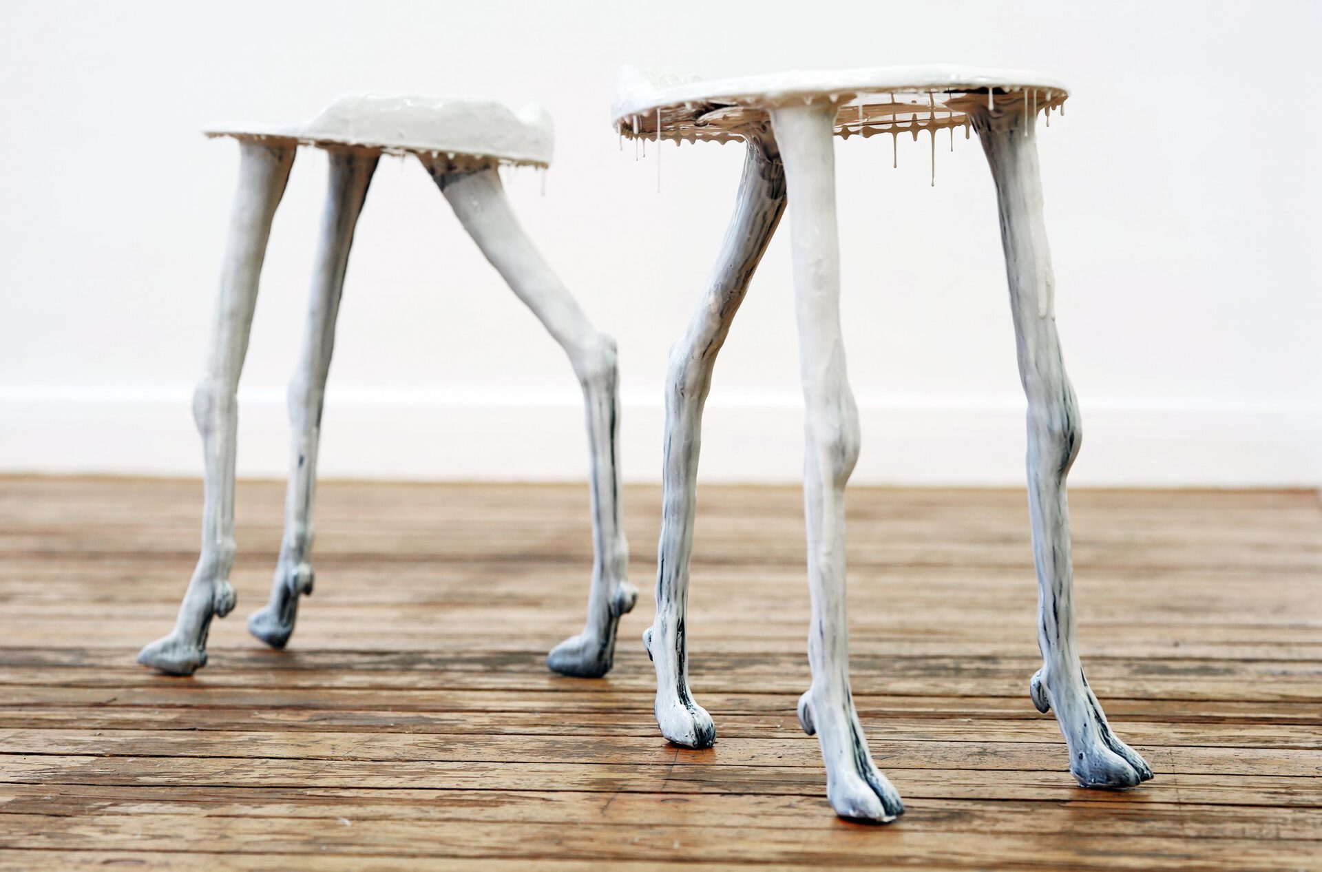 Eliza Ballesteros, DOMESTIC HECK I, 2020, milk stools with deer legs, epoxi resin, latex coating, each 45 x 30 x 40 cm